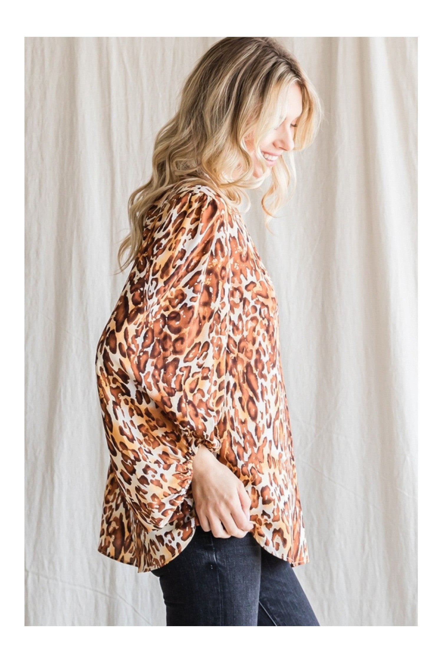Jodifl Leopard Print Top With A V-Neckline And Long Balloon Sleeves-Long Sleeves-Jodifl-Deja Nu Boutique, Women's Fashion Boutique in Lampasas, Texas