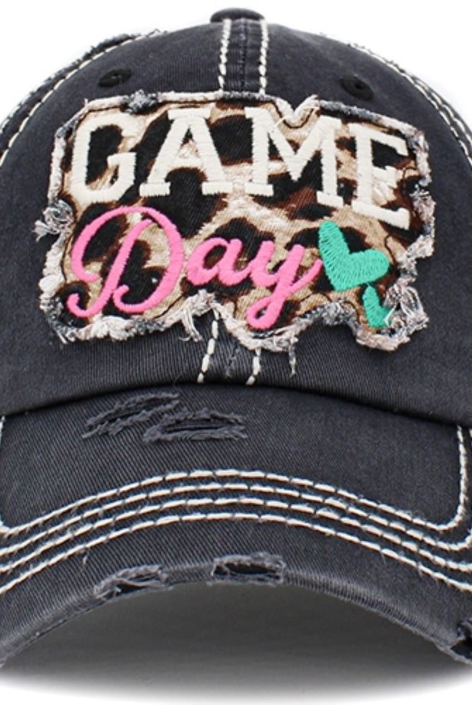 KBETHOS Vintage Game Day Hat In Black With White Stitching And Leopard Strap-Hats-KBETHOS-Deja Nu Boutique, Women's Fashion Boutique in Lampasas, Texas