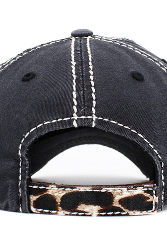 KBETHOS Vintage Game Day Hat In Black With White Stitching And Leopard Strap-Hats-KBETHOS-Deja Nu Boutique, Women's Fashion Boutique in Lampasas, Texas