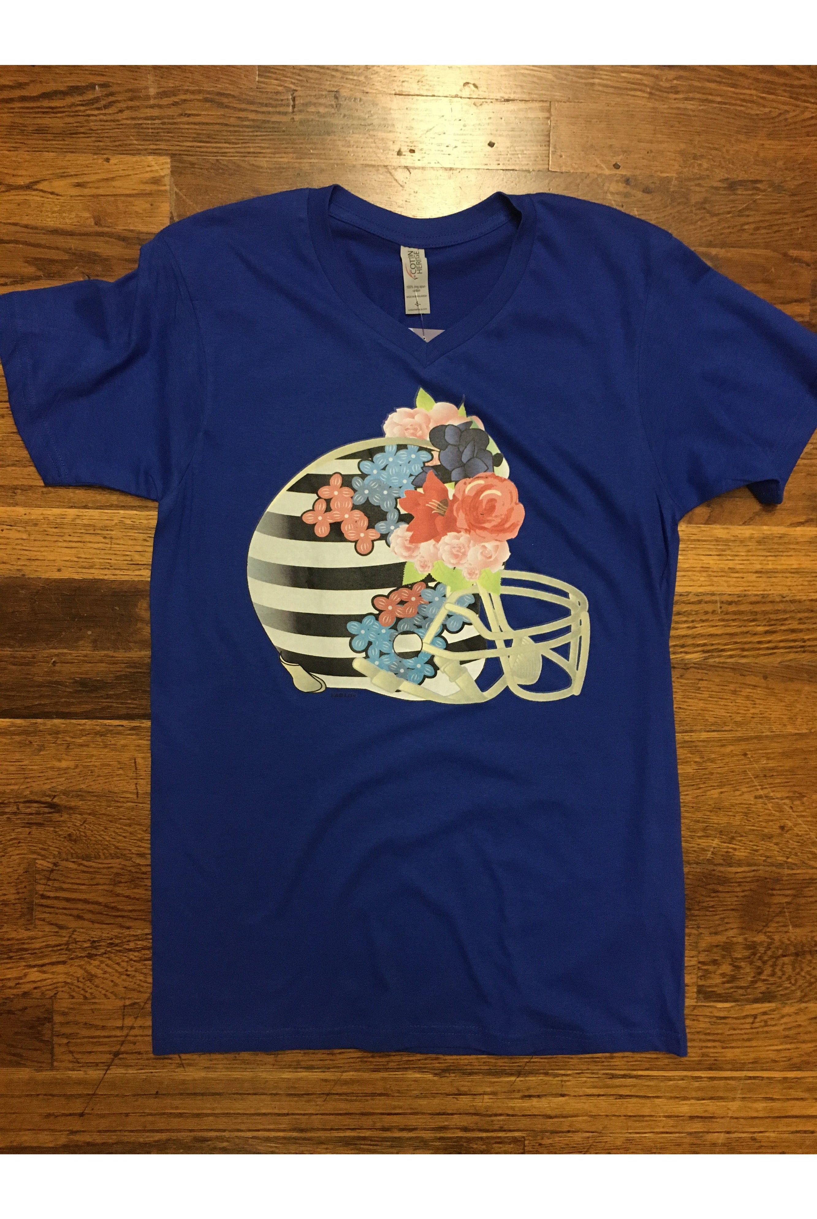 L And B Tees Royal Blue Floral Helmet Tee-Curvy/Plus Tees-L and B Tees-Deja Nu Boutique, Women's Fashion Boutique in Lampasas, Texas