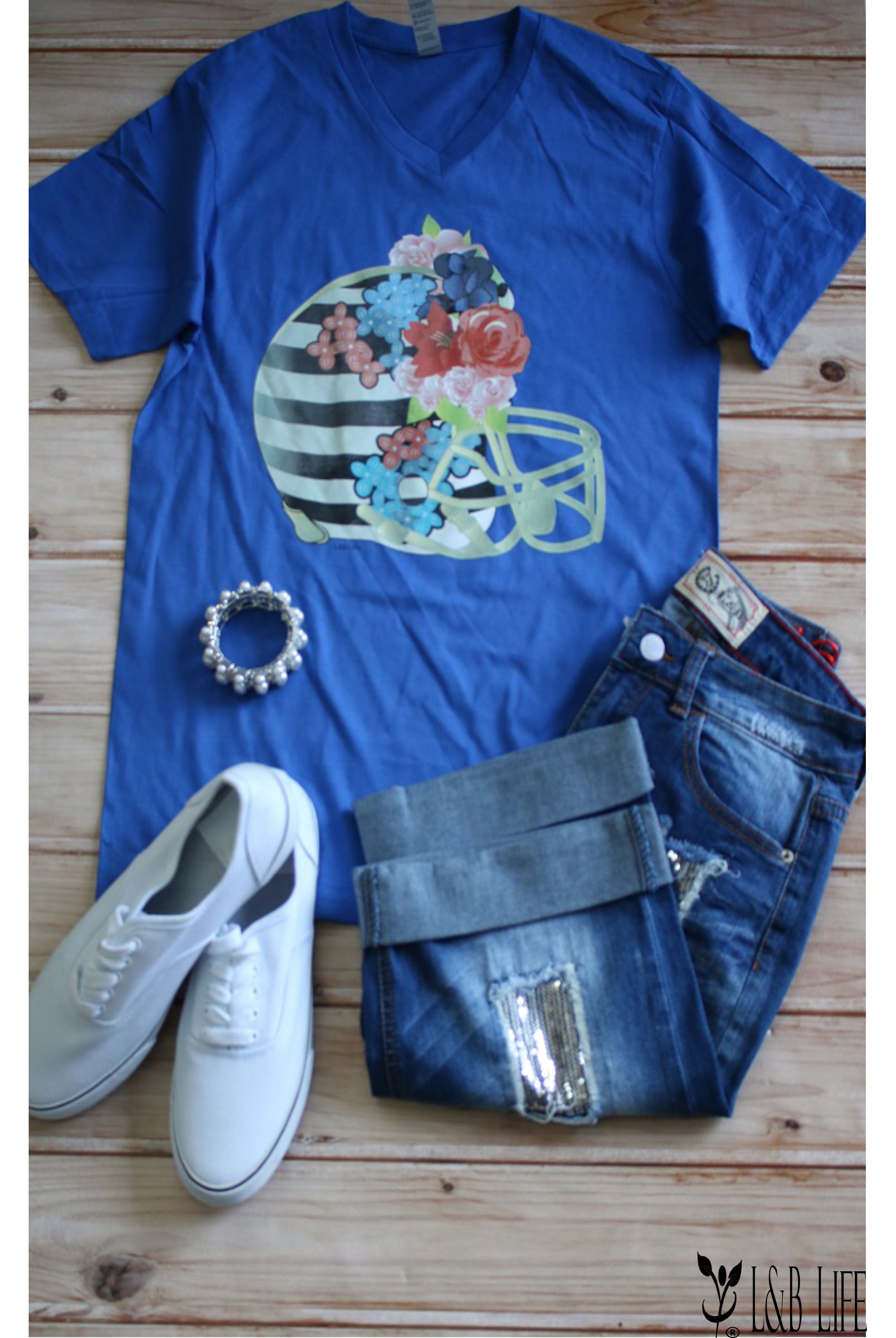 L And B Tees Royal Blue Floral Helmet Tee-Curvy/Plus Tees-L and B Tees-Deja Nu Boutique, Women's Fashion Boutique in Lampasas, Texas