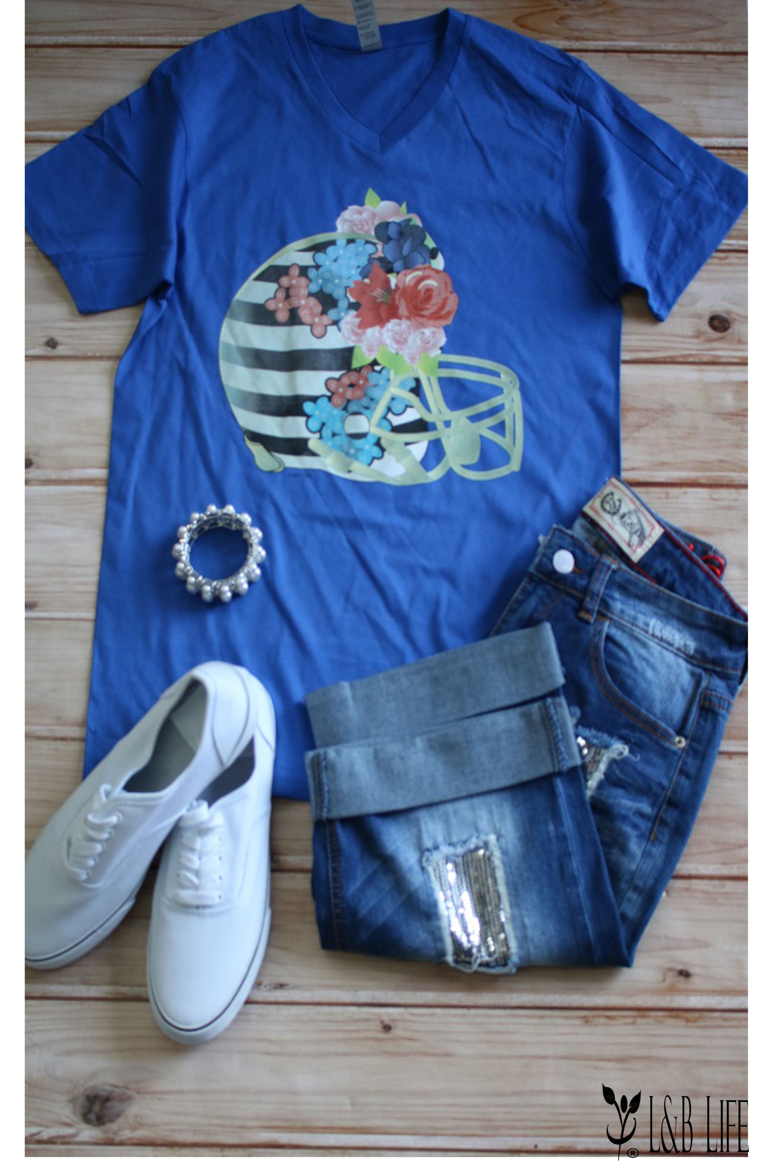 L And B Tees Royal Blue Floral Helmet Tee-Curvy/Plus Tees-L and B Tees-Deja Nu Boutique, Women's Fashion Boutique in Lampasas, Texas