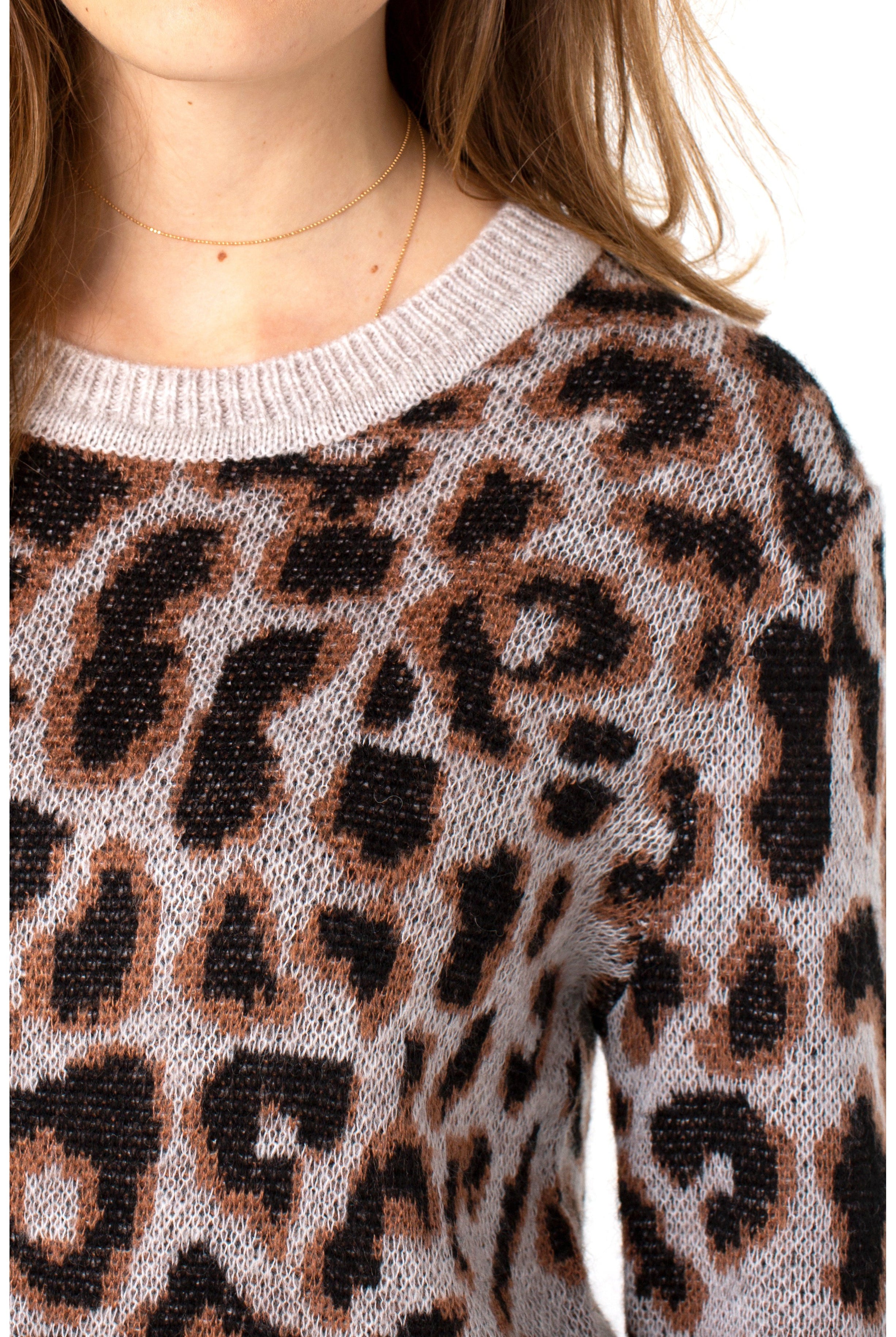 Liverpool Brown Leopard High Low Crew Neck Sweater-Sweaters-Liverpool-Deja Nu Boutique, Women's Fashion Boutique in Lampasas, Texas