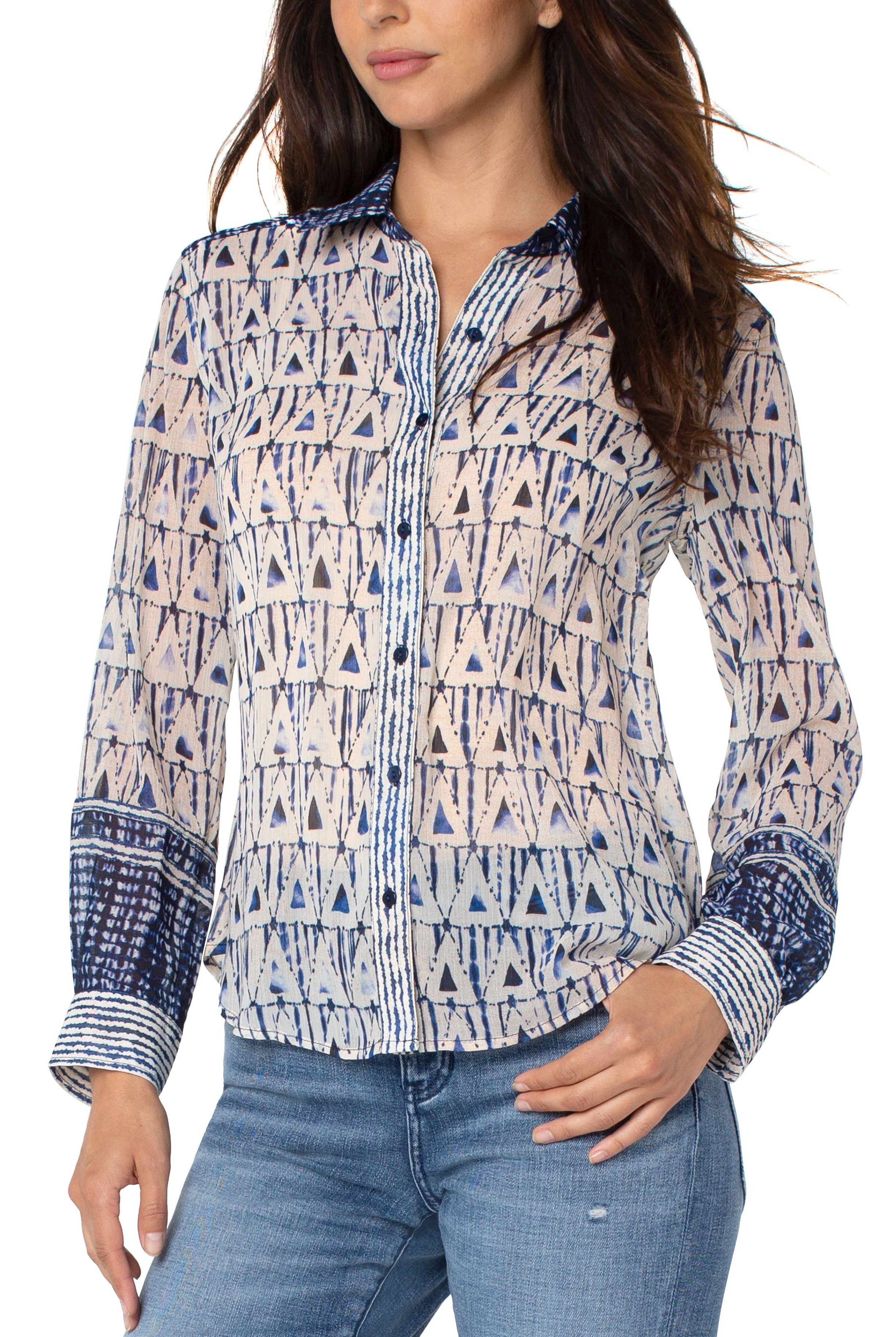 Liverpool Button Front Blouse In Grecian Tile-Tops-Liverpool-Deja Nu Boutique, Women's Fashion Boutique in Lampasas, Texas