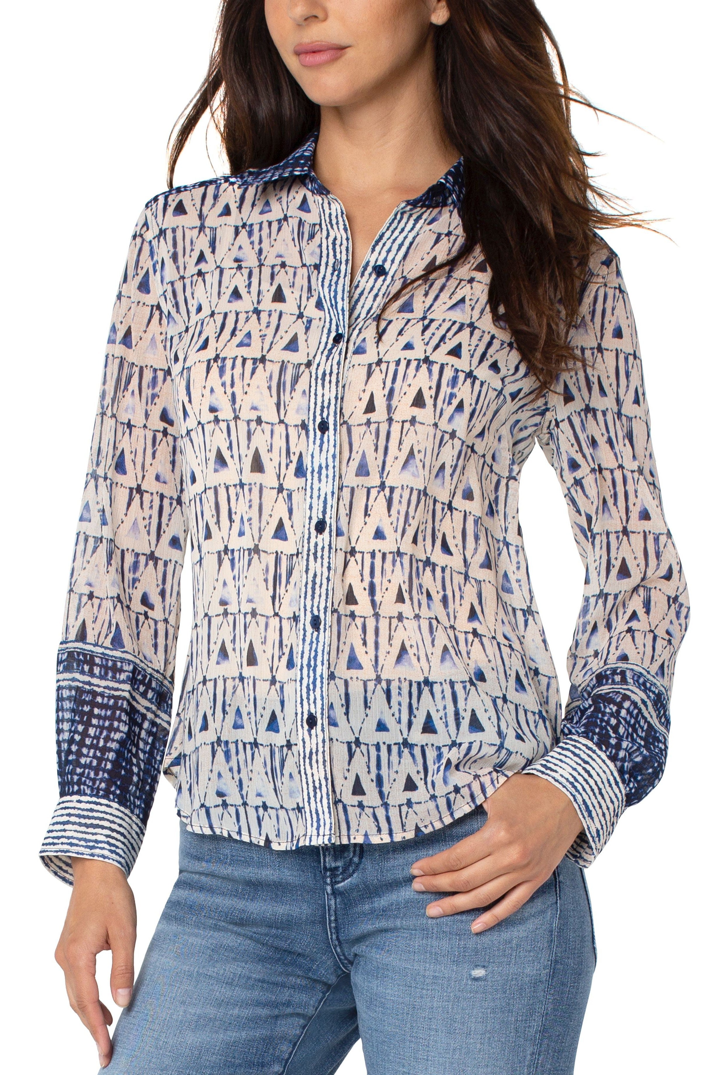 Liverpool Button Front Blouse In Grecian Tile-Tops-Liverpool-Deja Nu Boutique, Women's Fashion Boutique in Lampasas, Texas