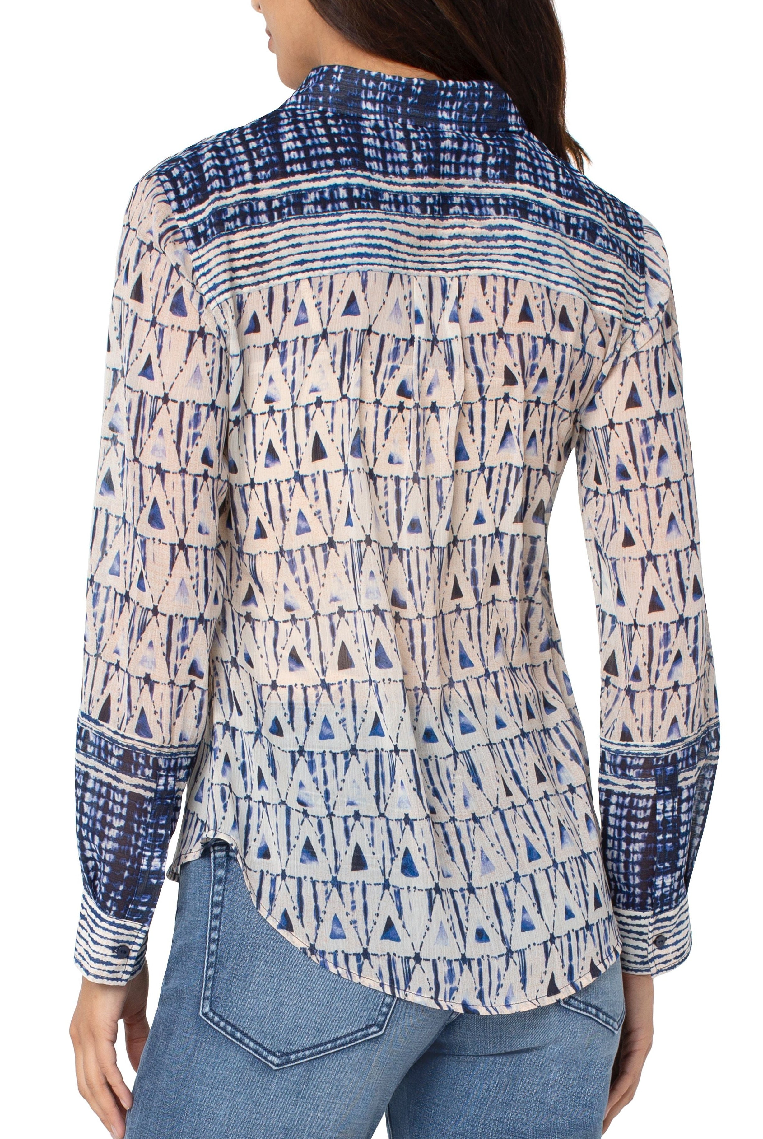 Liverpool Button Front Blouse In Grecian Tile-Tops-Liverpool-Deja Nu Boutique, Women's Fashion Boutique in Lampasas, Texas