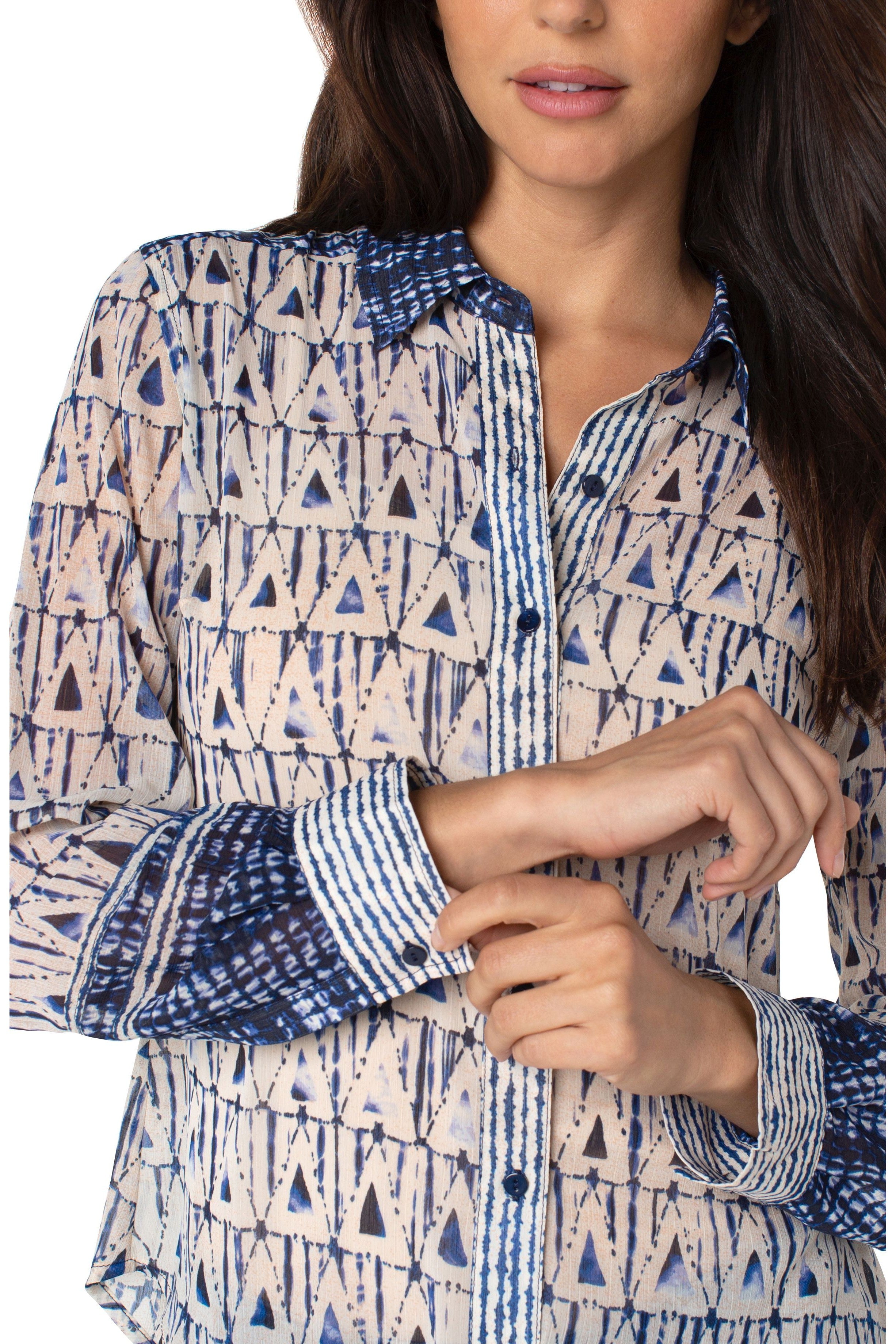 Liverpool Button Front Blouse In Grecian Tile-Tops-Liverpool-Deja Nu Boutique, Women's Fashion Boutique in Lampasas, Texas