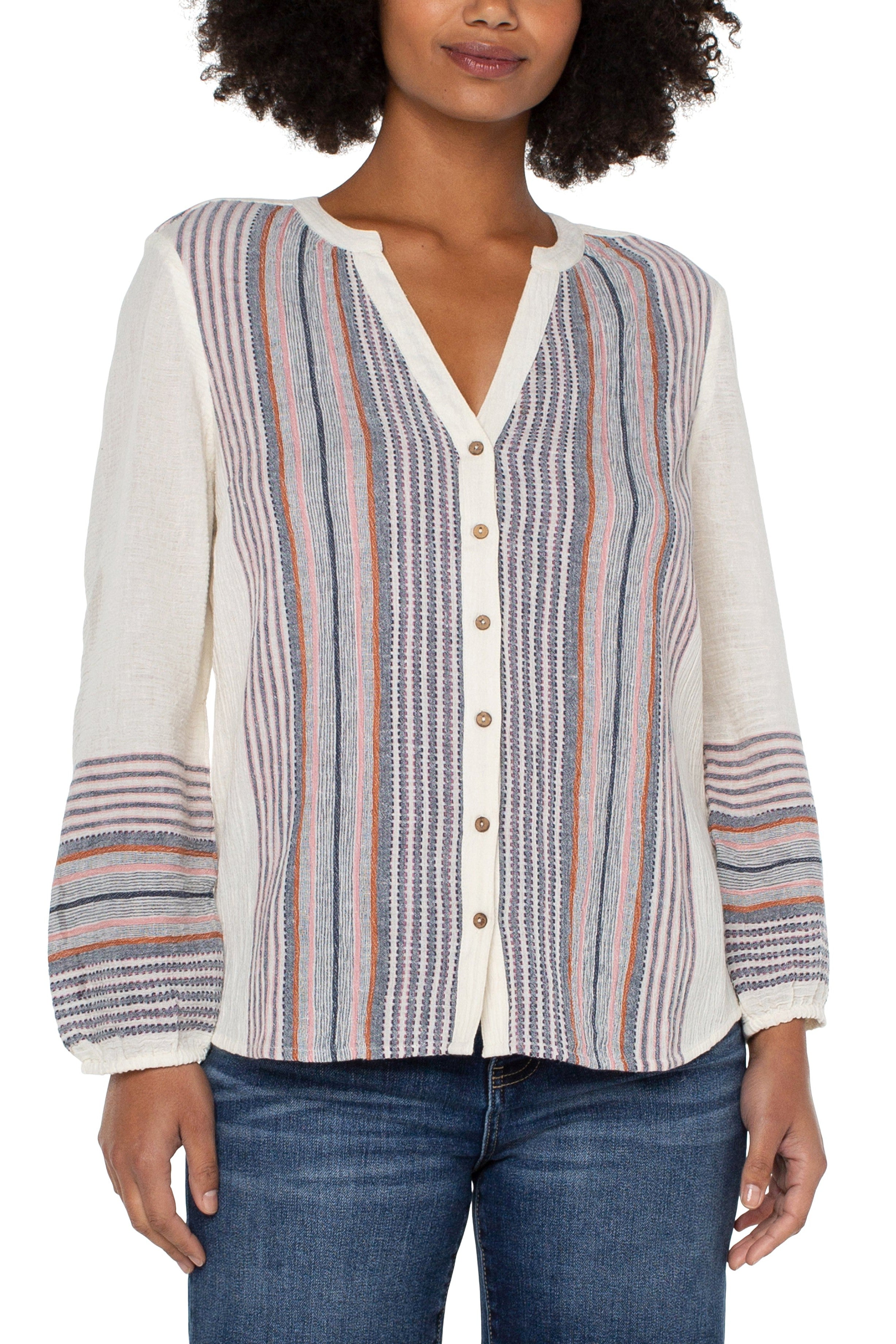 Liverpool Button Front Shirred Blouse In Vintage White-Short Sleeves-Liverpool-Deja Nu Boutique, Women's Fashion Boutique in Lampasas, Texas