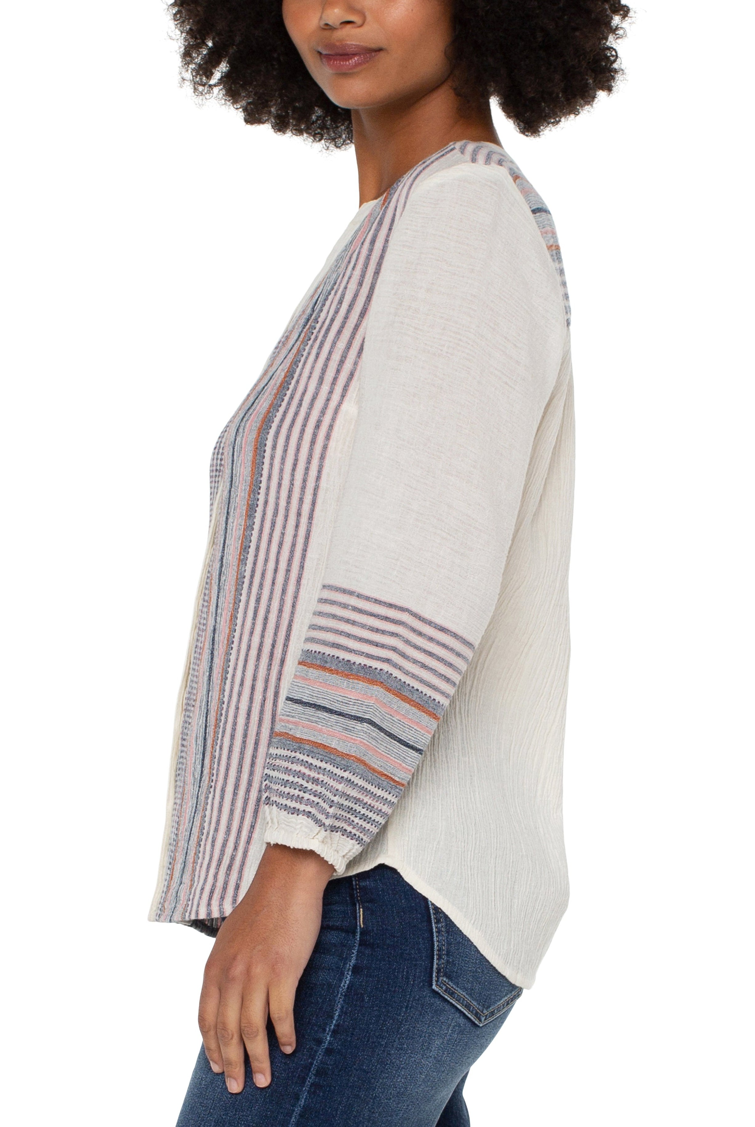 Liverpool Button Front Shirred Blouse In Vintage White-Short Sleeves-Liverpool-Deja Nu Boutique, Women's Fashion Boutique in Lampasas, Texas