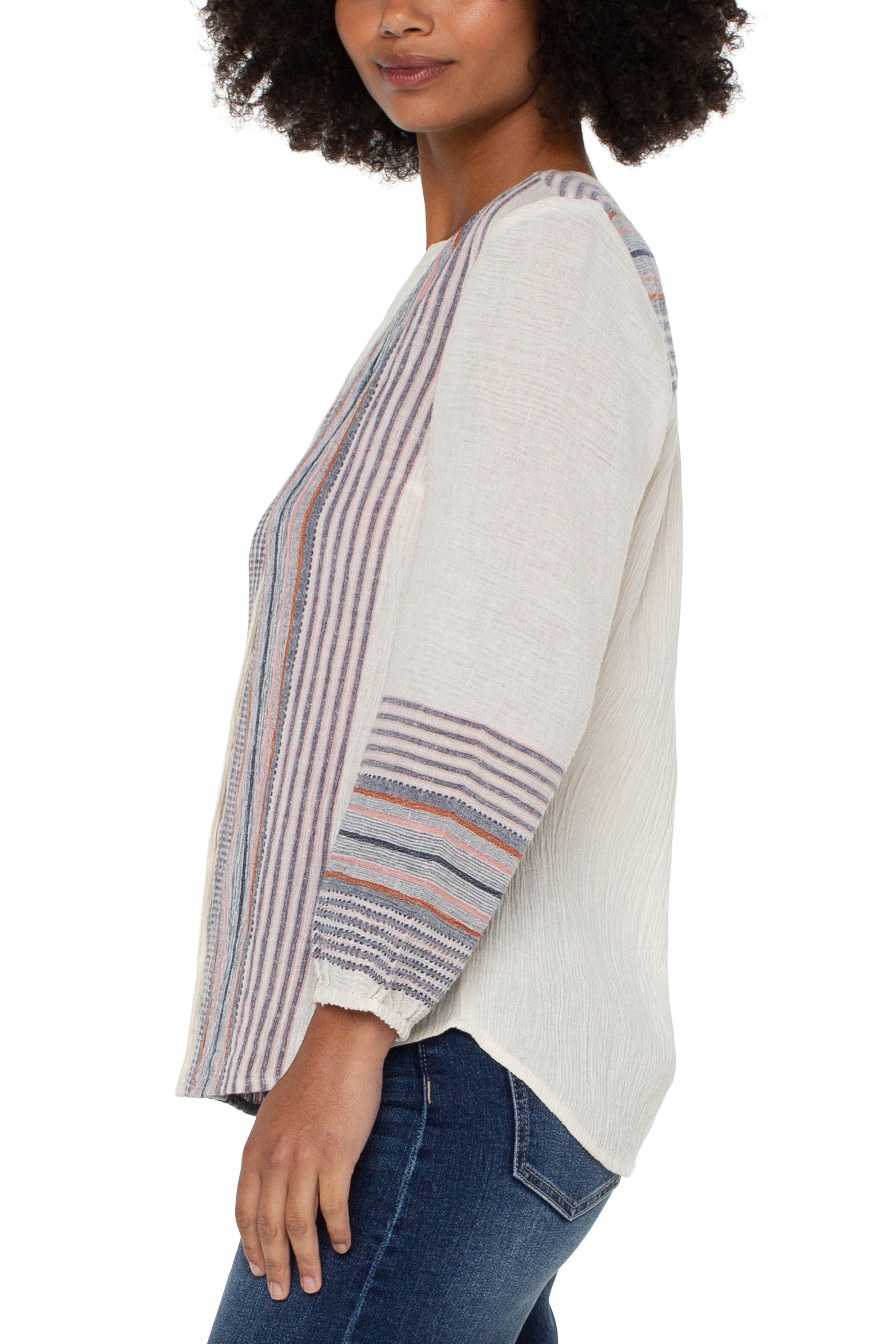 Liverpool Button Front Shirred Blouse In Vintage White-Short Sleeves-Liverpool-Deja Nu Boutique, Women's Fashion Boutique in Lampasas, Texas