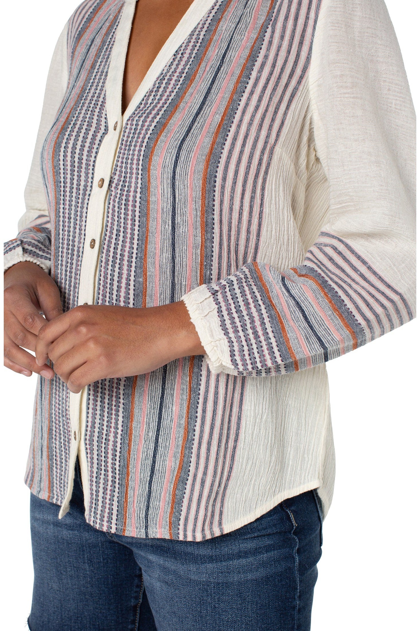 Liverpool Button Front Shirred Blouse In Vintage White-Short Sleeves-Liverpool-Deja Nu Boutique, Women's Fashion Boutique in Lampasas, Texas