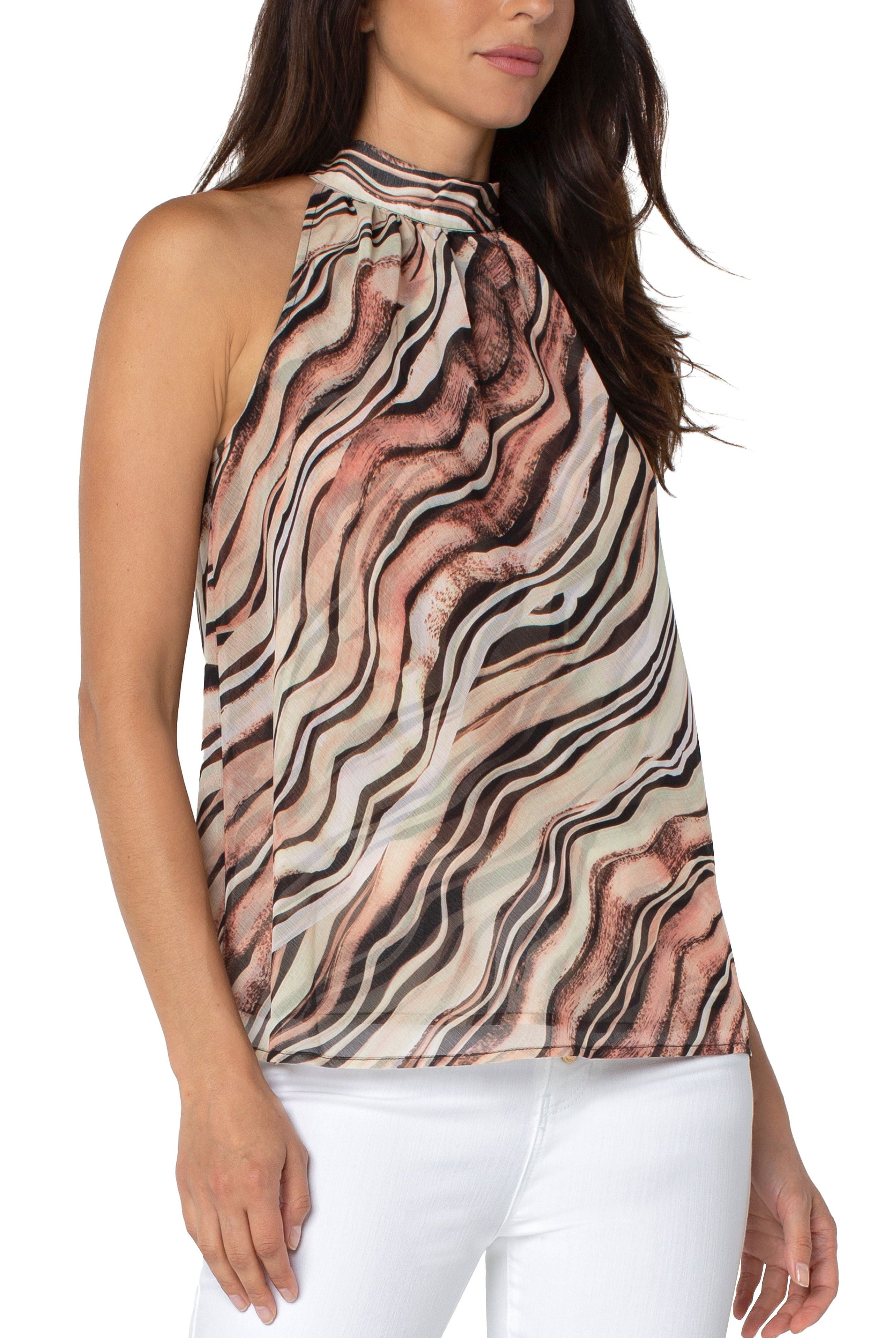 Liverpool Double Layer Sleeveless Halter Mock Neck Top In Watercolor Brush-Tops-Liverpool-Deja Nu Boutique, Women's Fashion Boutique in Lampasas, Texas