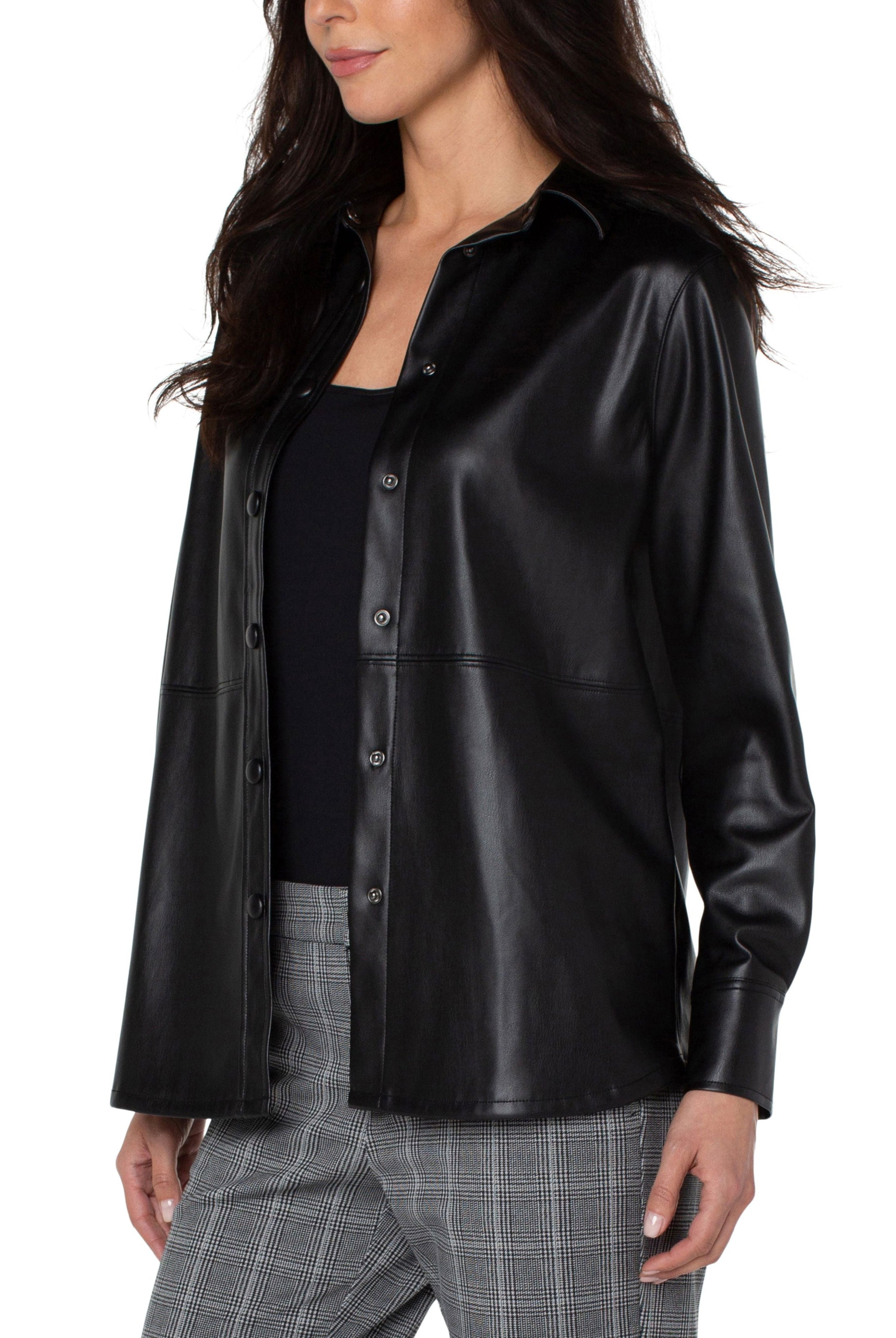 Liverpool Faux Leather Snap Front Seamed Shacket In Black-Shackets-Liverpool-Deja Nu Boutique, Women's Fashion Boutique in Lampasas, Texas
