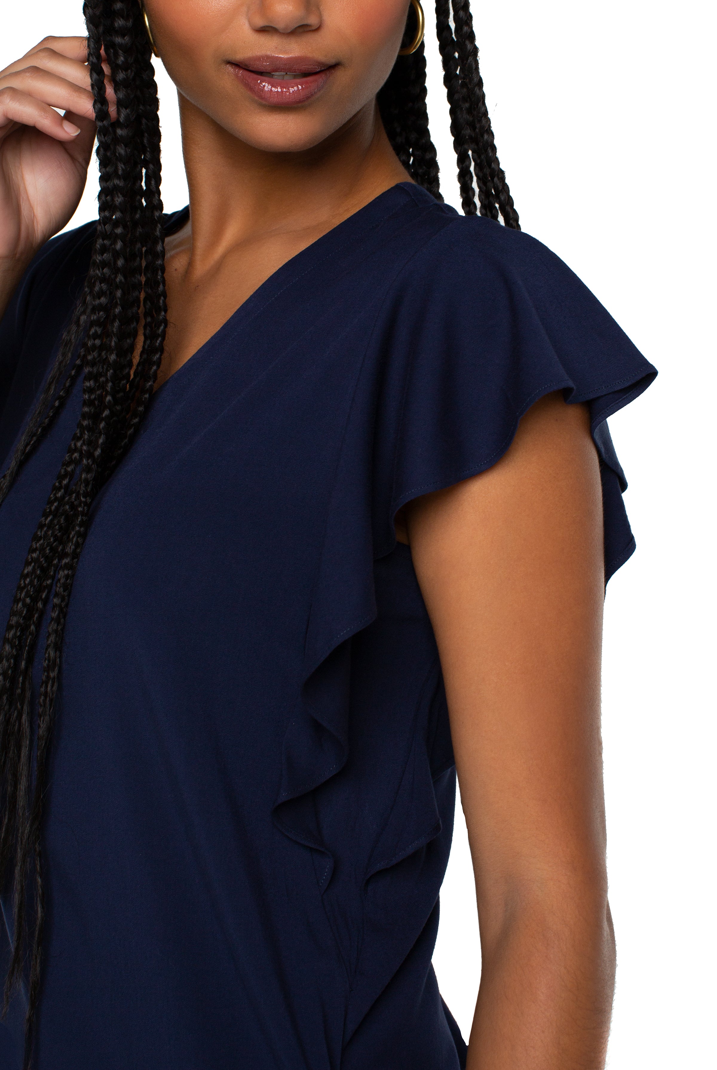 Liverpool Flutter Sleeve Dress In Cosmic Navy-Short Dresses-Liverpool-Deja Nu Boutique, Women's Fashion Boutique in Lampasas, Texas