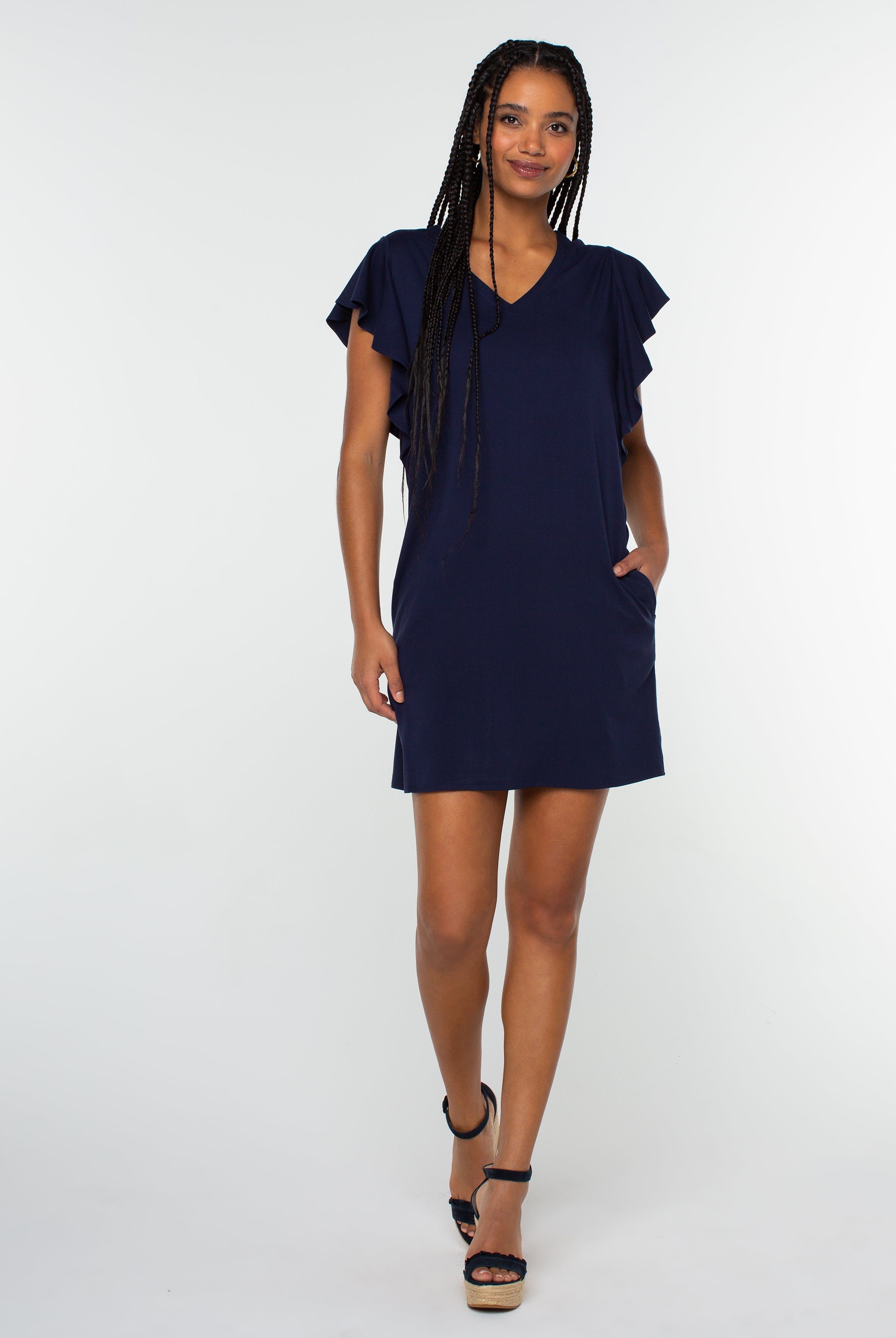 Liverpool Flutter Sleeve Dress In Cosmic Navy-Short Dresses-Liverpool-Deja Nu Boutique, Women's Fashion Boutique in Lampasas, Texas