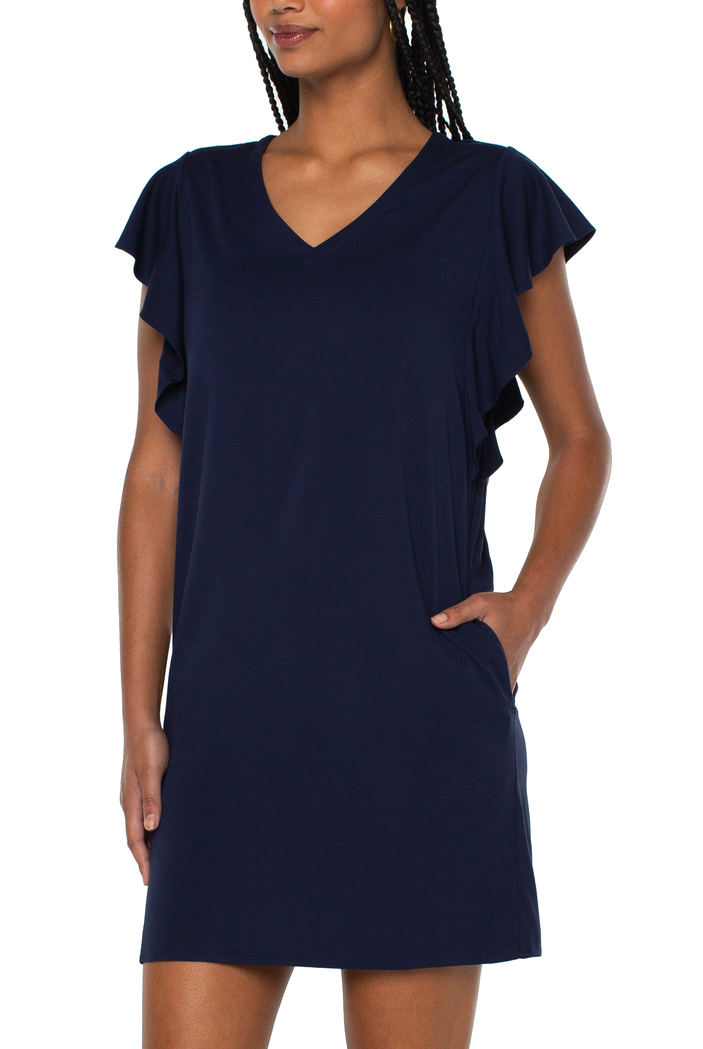 Liverpool Flutter Sleeve Dress In Cosmic Navy-Short Dresses-Liverpool-Deja Nu Boutique, Women's Fashion Boutique in Lampasas, Texas