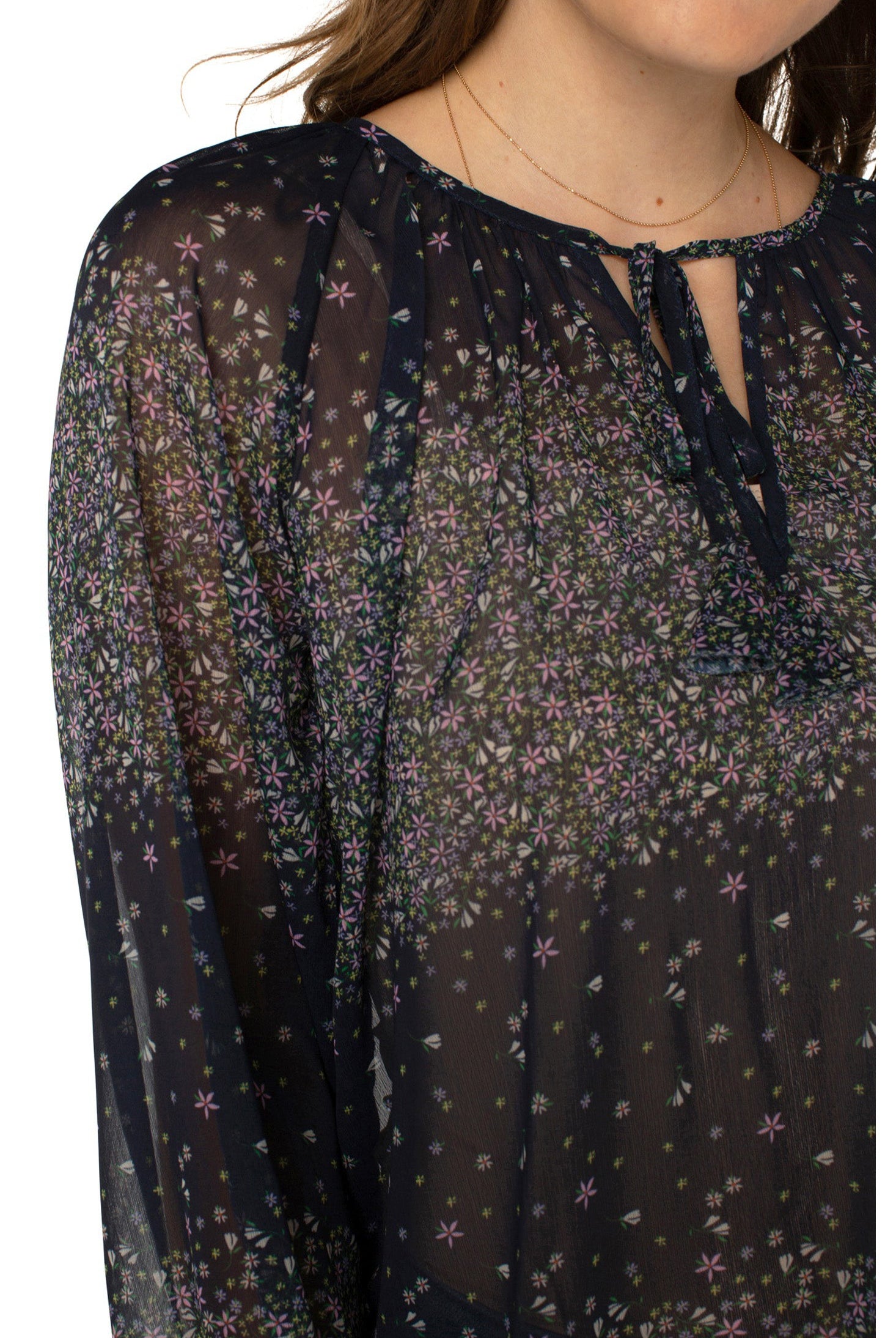 Liverpool Long Sleeve Shirred Blouse With Neck Tie In Midnight Garden-Tops-Liverpool-Deja Nu Boutique, Women's Fashion Boutique in Lampasas, Texas