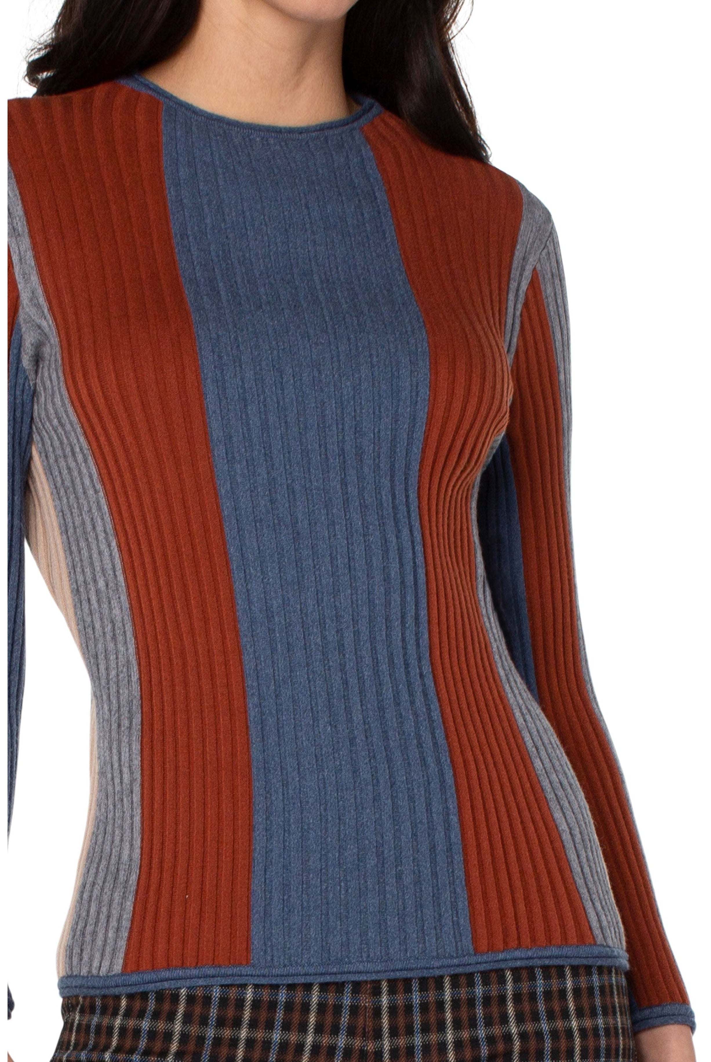 Liverpool Long Sleeve Striped Crew Neck Sweater In Chambray Multi-Sweaters-Liverpool-Deja Nu Boutique, Women's Fashion Boutique in Lampasas, Texas