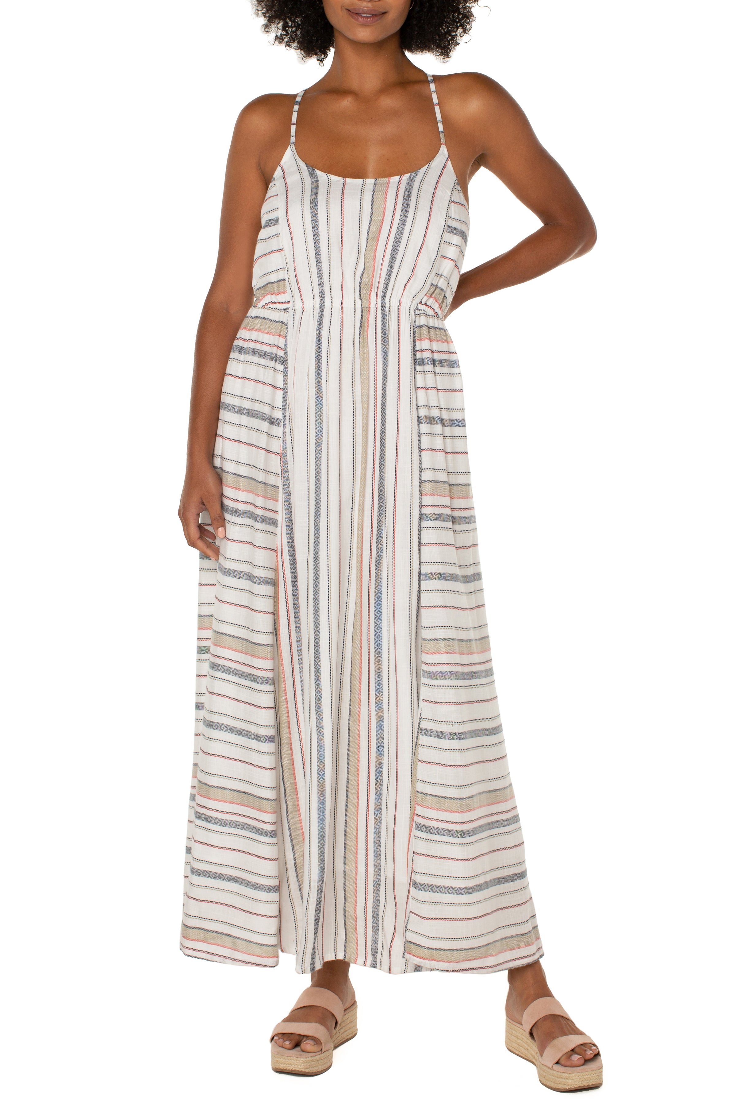Liverpool Maxi Dress With Back Smocking Detail In Stripe Cross Back-Maxi Dresses-Liverpool-Deja Nu Boutique, Women's Fashion Boutique in Lampasas, Texas