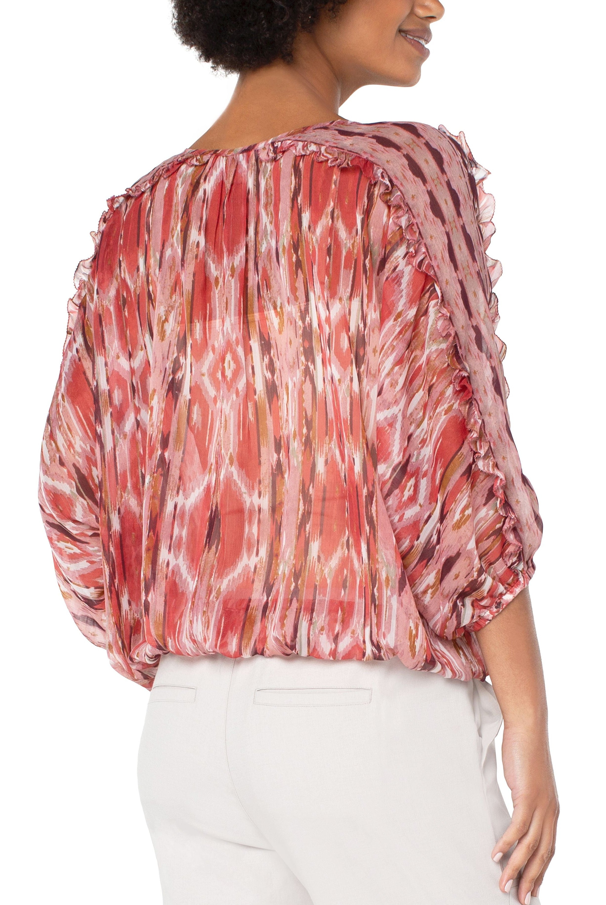 Liverpool Ruffle Sleeve Dolman Popover In Desert Blossom Ikat Print-Tops-Liverpool-Deja Nu Boutique, Women's Fashion Boutique in Lampasas, Texas