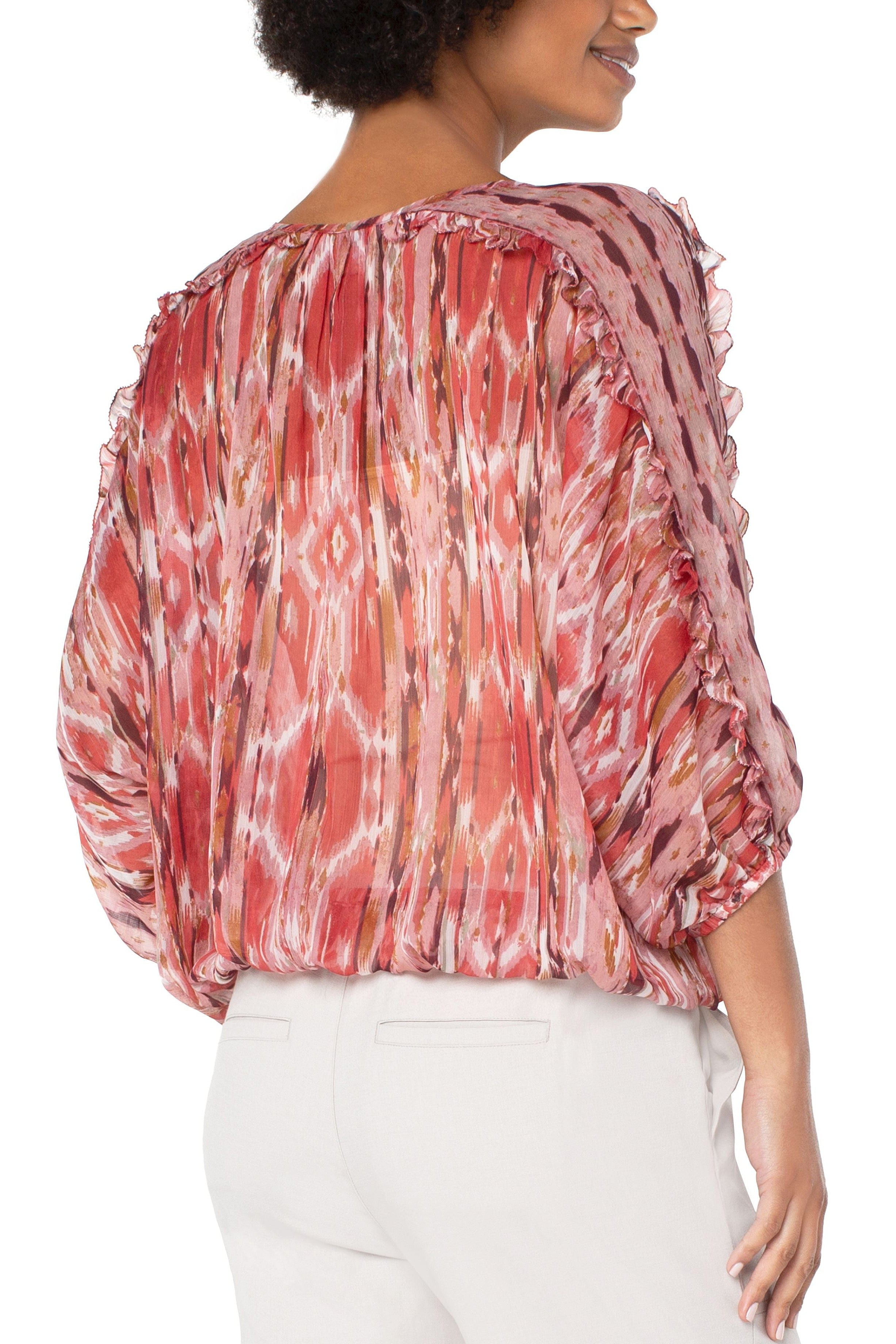 Liverpool Ruffle Sleeve Dolman Popover In Desert Blossom Ikat Print-Tops-Liverpool-Deja Nu Boutique, Women's Fashion Boutique in Lampasas, Texas