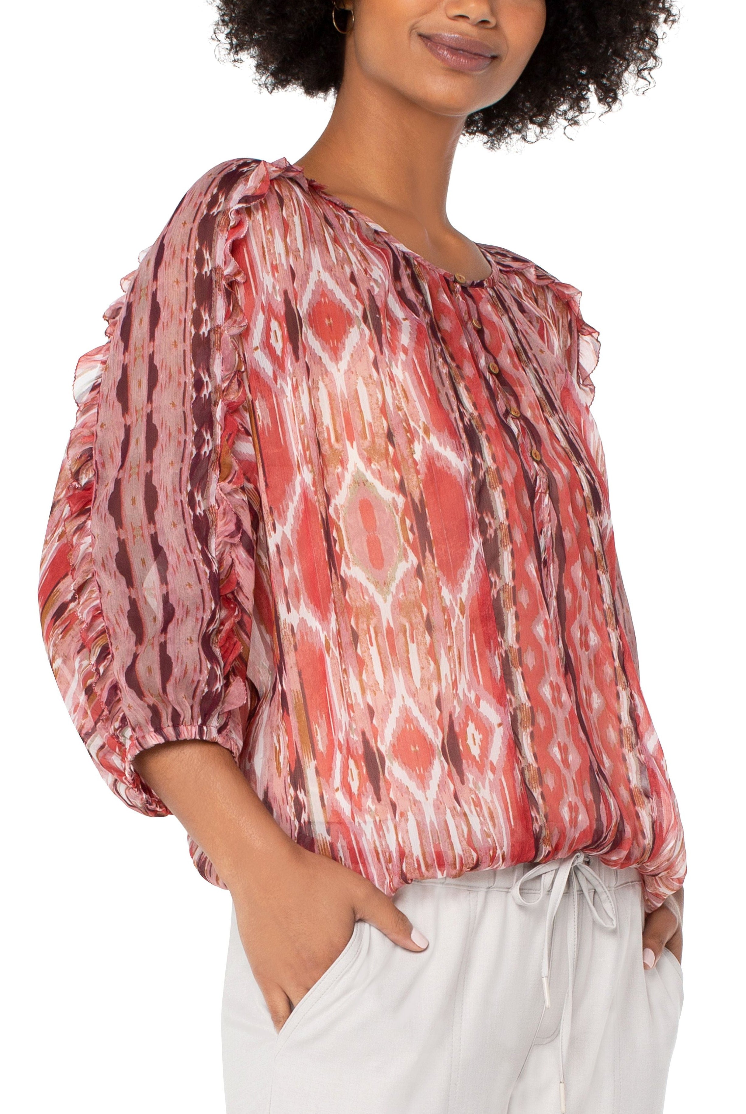 Liverpool Ruffle Sleeve Dolman Popover In Desert Blossom Ikat Print-Tops-Liverpool-Deja Nu Boutique, Women's Fashion Boutique in Lampasas, Texas