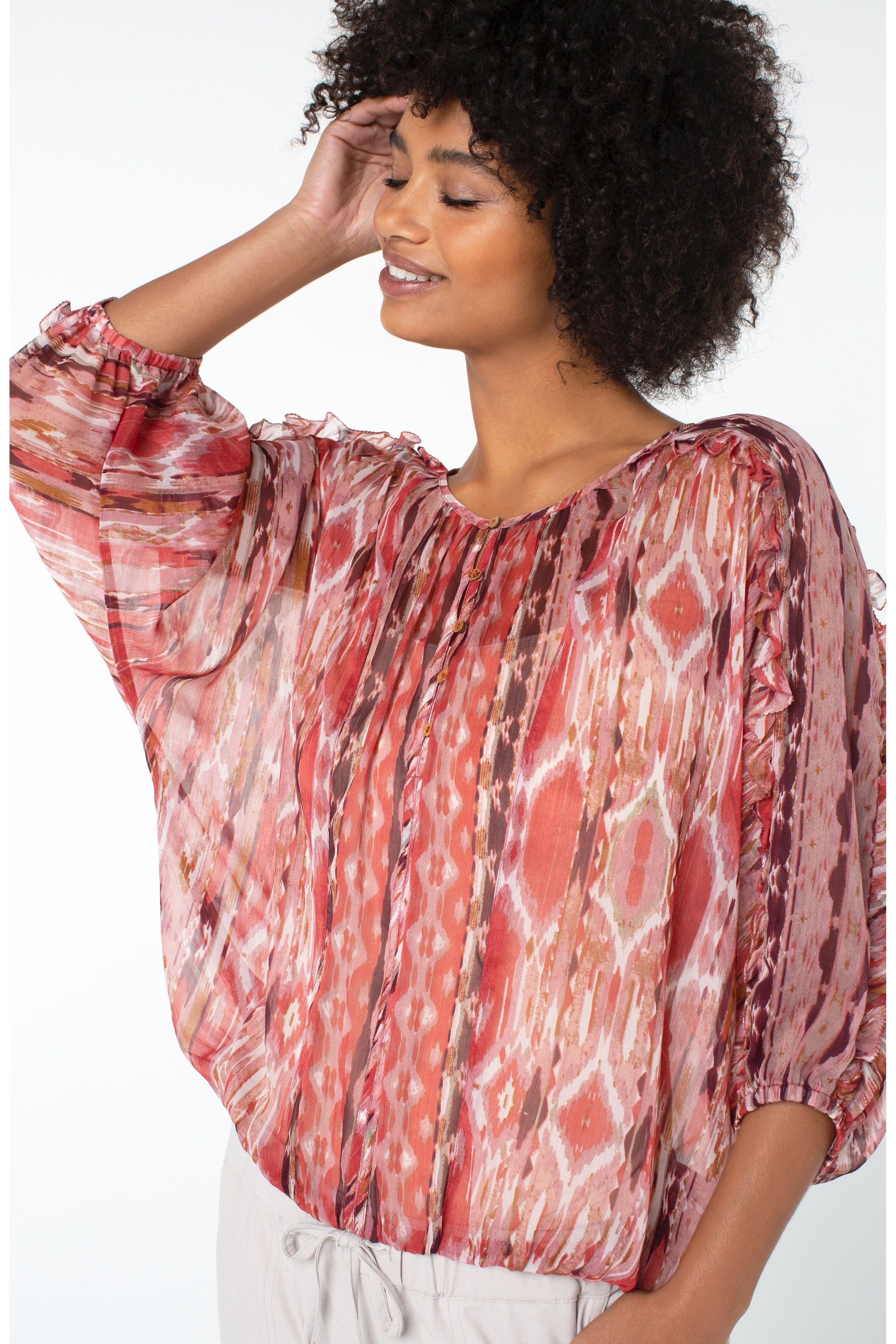 Liverpool Ruffle Sleeve Dolman Popover In Desert Blossom Ikat Print-Tops-Liverpool-Deja Nu Boutique, Women's Fashion Boutique in Lampasas, Texas