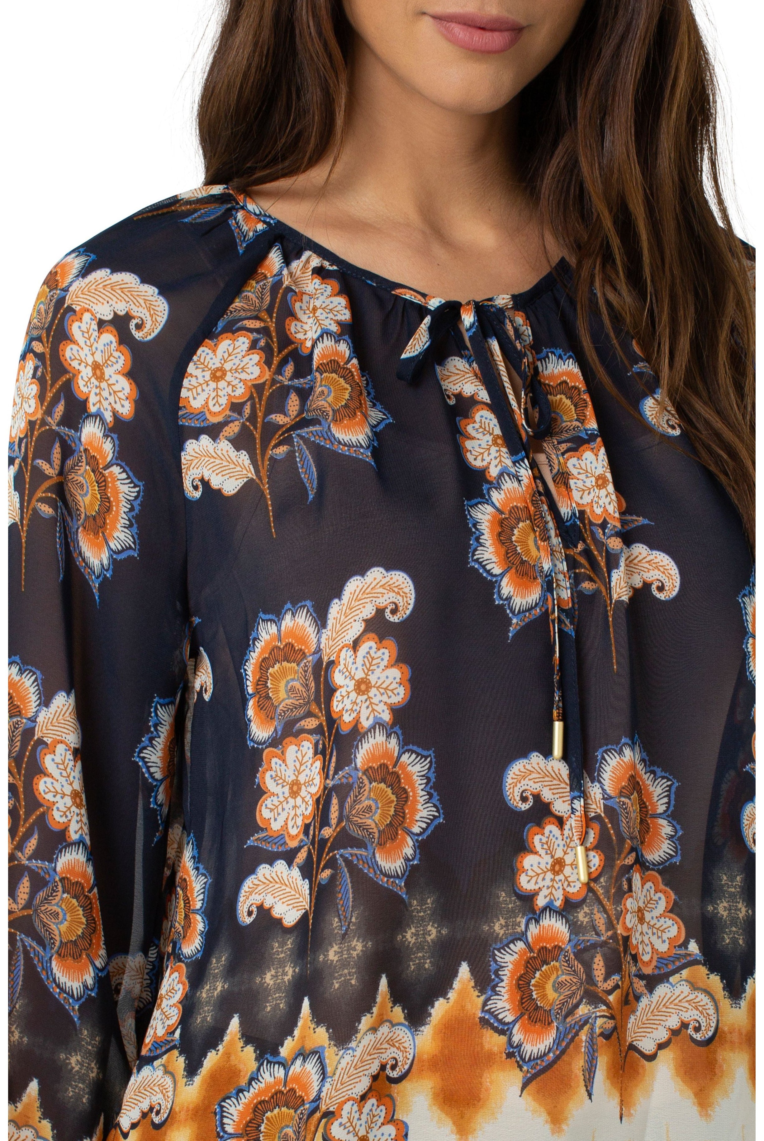 Liverpool Shirred Blouse With Neck Ties In Floral Border Print-Tops-Liverpool-Deja Nu Boutique, Women's Fashion Boutique in Lampasas, Texas