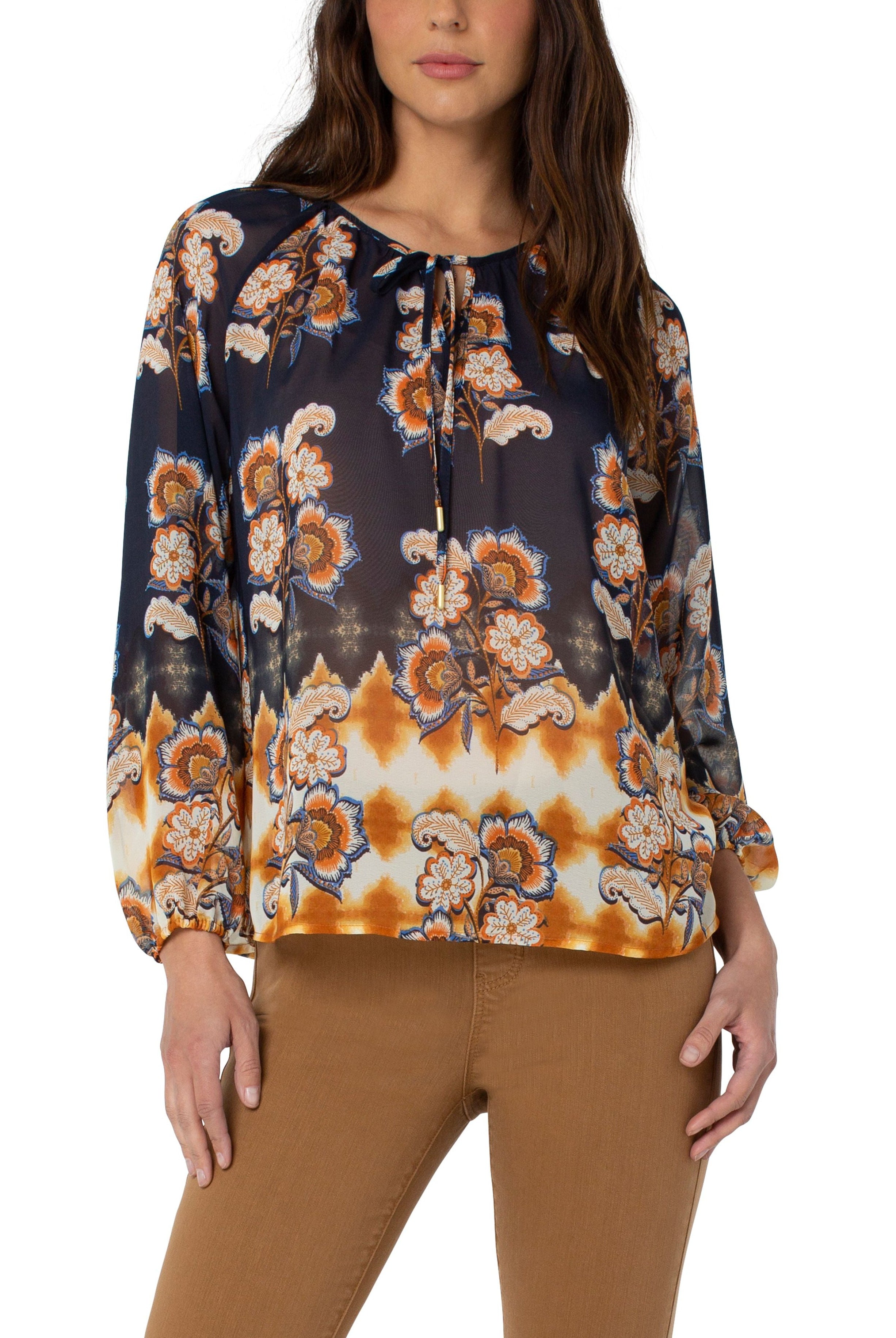 Liverpool Shirred Blouse With Neck Ties In Floral Border Print-Tops-Liverpool-Deja Nu Boutique, Women's Fashion Boutique in Lampasas, Texas