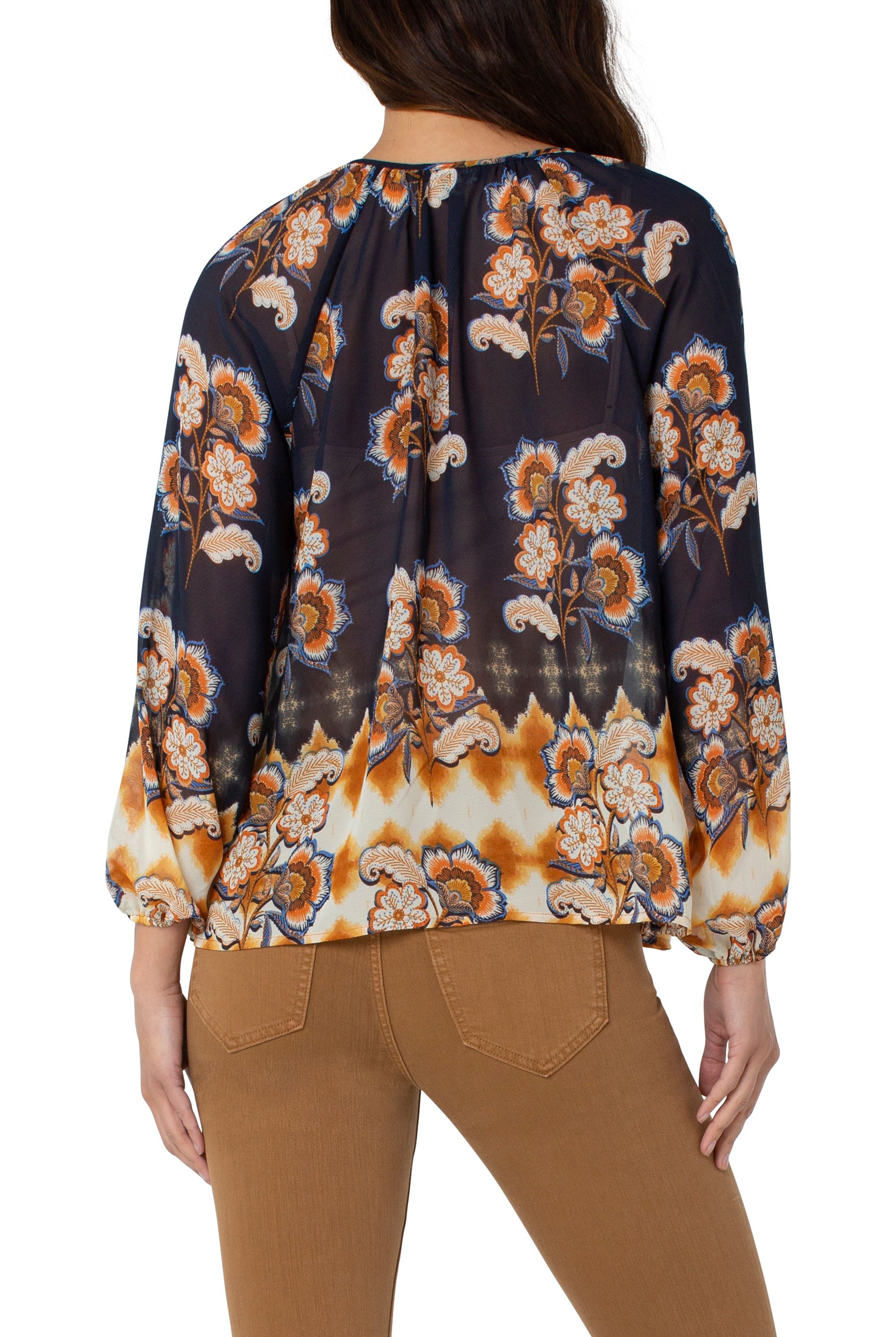 Liverpool Shirred Blouse With Neck Ties In Floral Border Print-Tops-Liverpool-Deja Nu Boutique, Women's Fashion Boutique in Lampasas, Texas