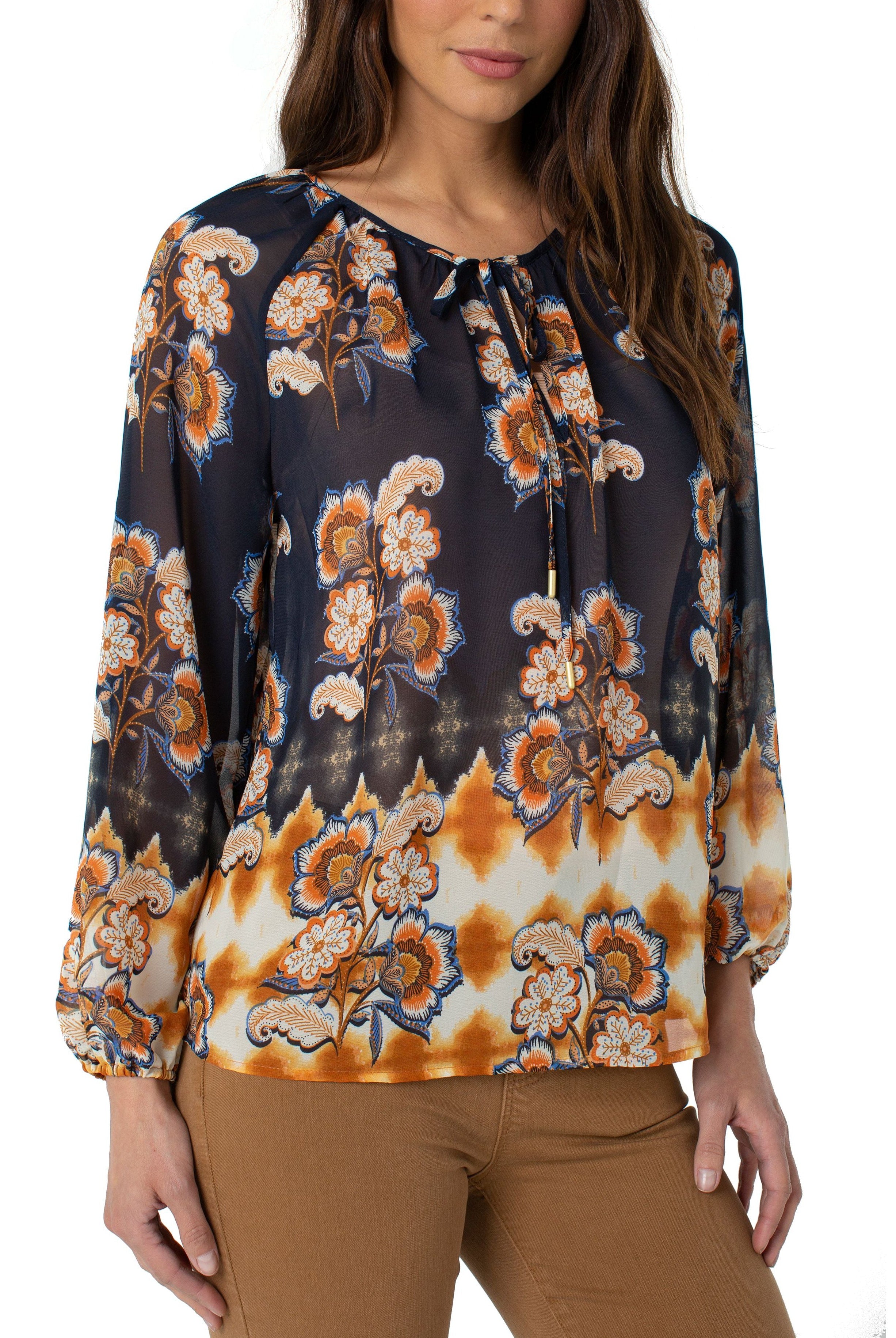 Liverpool Shirred Blouse With Neck Ties In Floral Border Print-Tops-Liverpool-Deja Nu Boutique, Women's Fashion Boutique in Lampasas, Texas