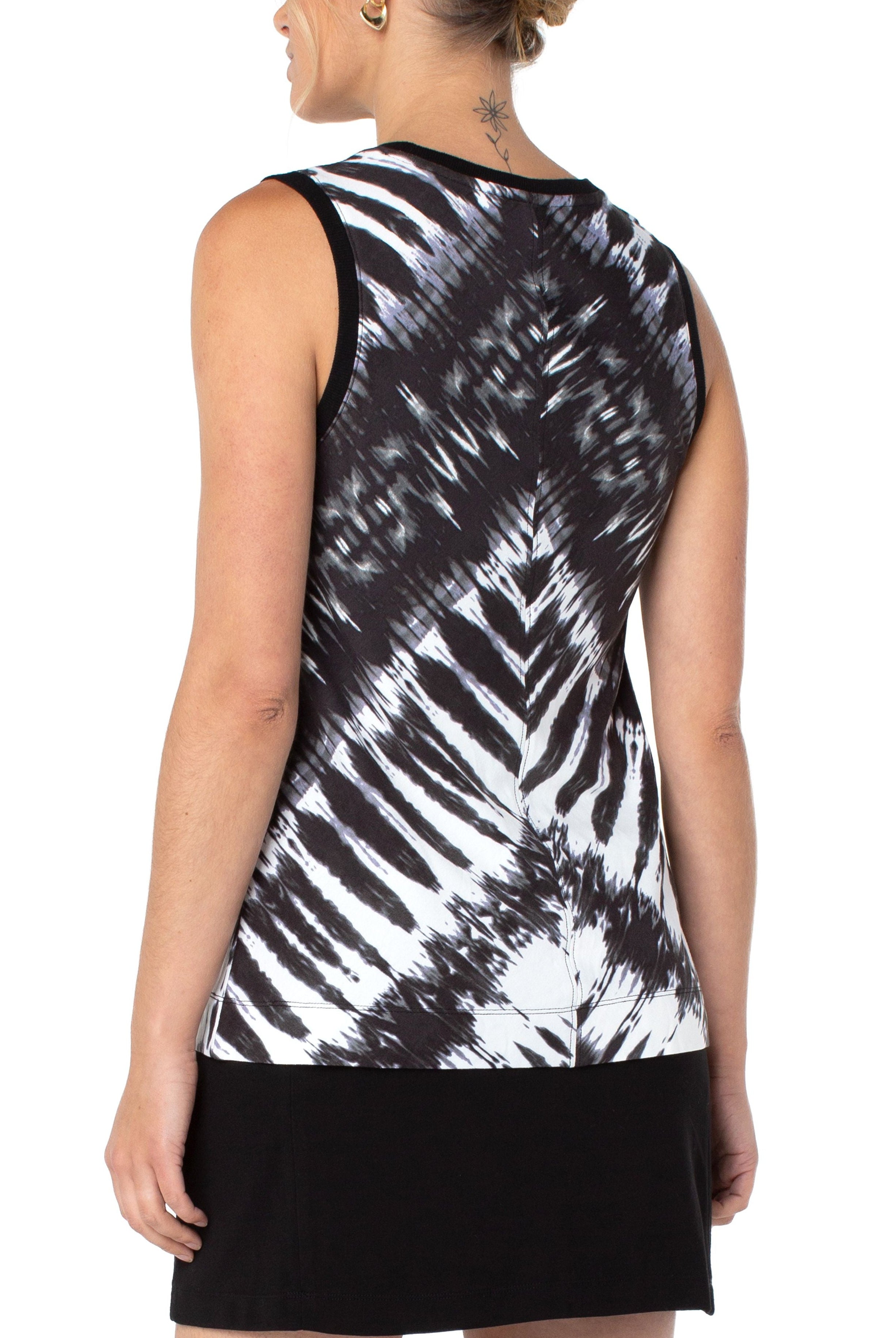 Liverpool Sleeveless Knit Top With Miter Back In Black And White Tie Dye-Tops-Liverpool-Deja Nu Boutique, Women's Fashion Boutique in Lampasas, Texas