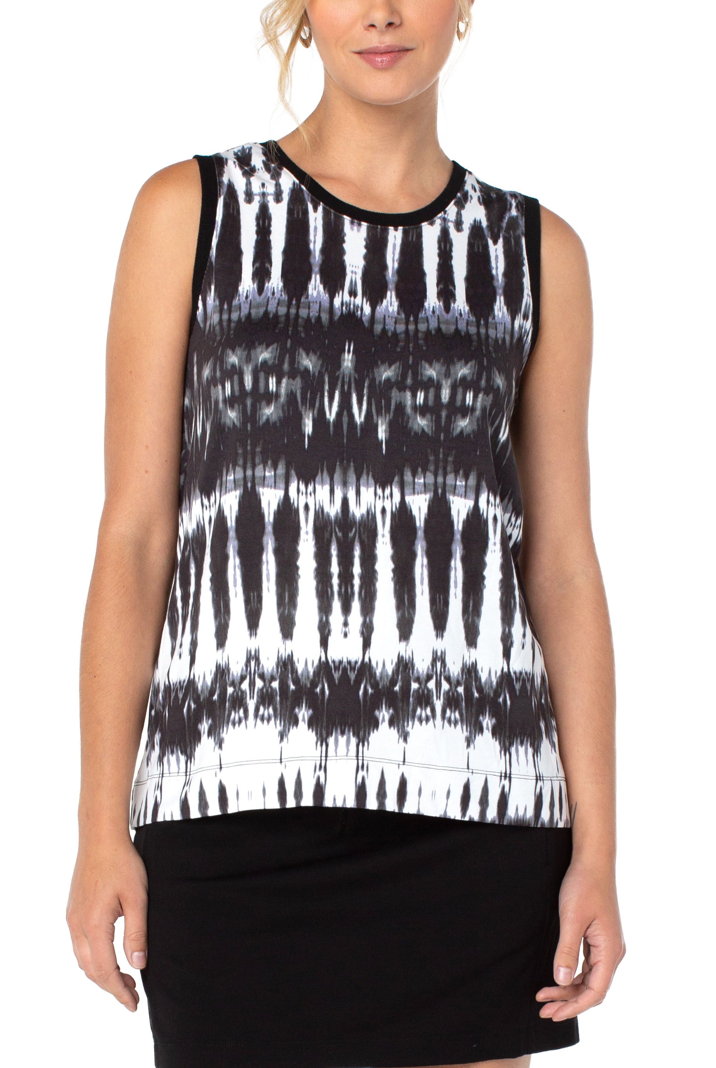 Liverpool Sleeveless Knit Top With Miter Back In Black And White Tie Dye-Tops-Liverpool-Deja Nu Boutique, Women's Fashion Boutique in Lampasas, Texas