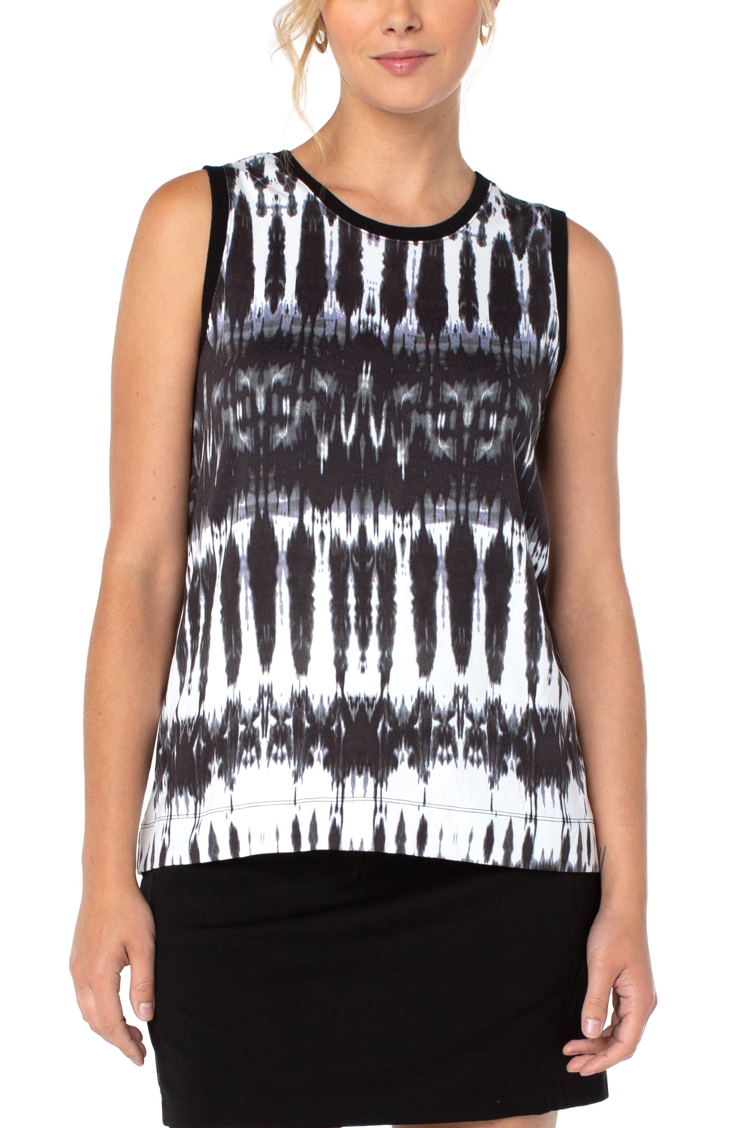 Liverpool Sleeveless Knit Top With Miter Back In Black And White Tie Dye-Tops-Liverpool-Deja Nu Boutique, Women's Fashion Boutique in Lampasas, Texas