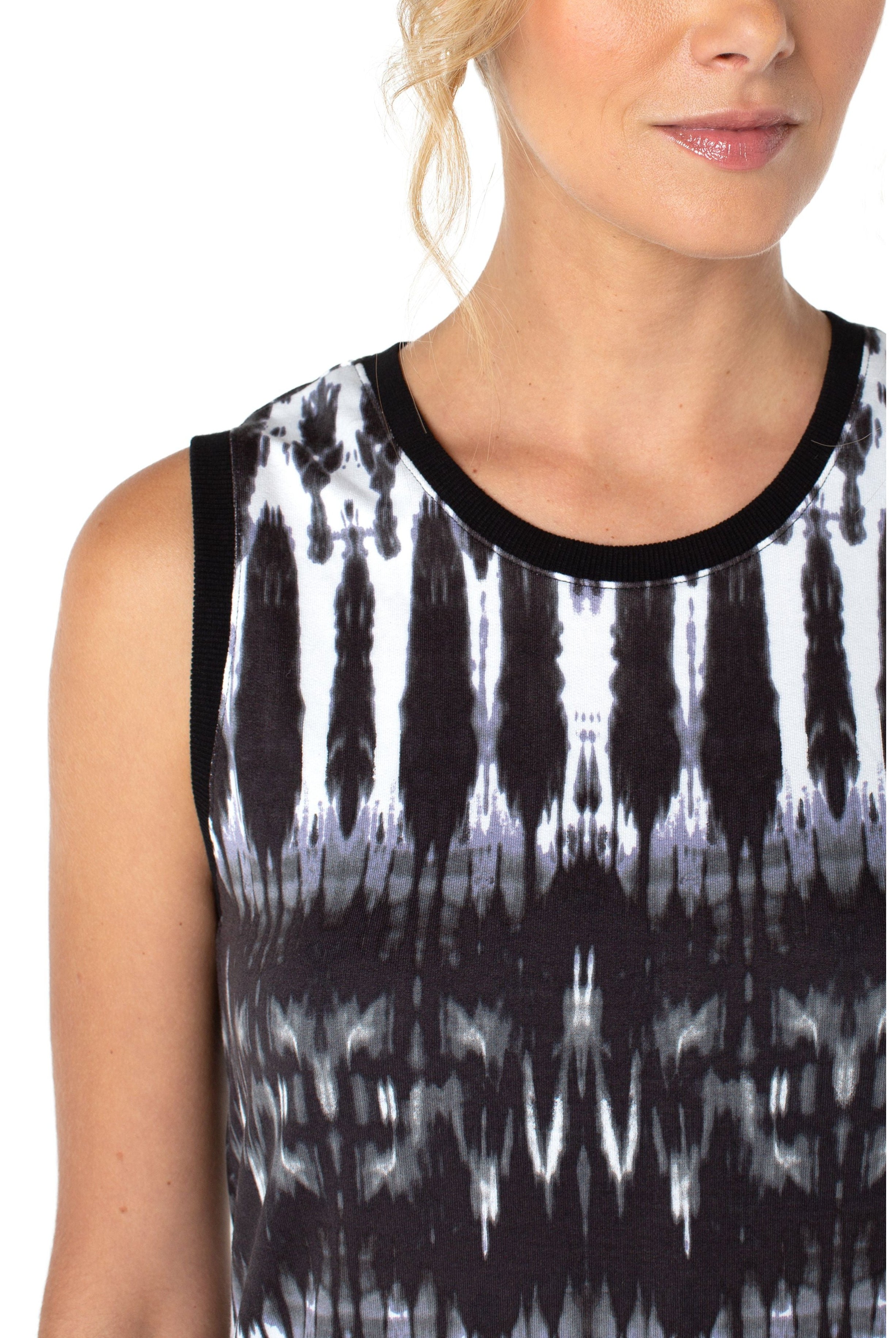 Liverpool Sleeveless Knit Top With Miter Back In Black And White Tie Dye-Tops-Liverpool-Deja Nu Boutique, Women's Fashion Boutique in Lampasas, Texas