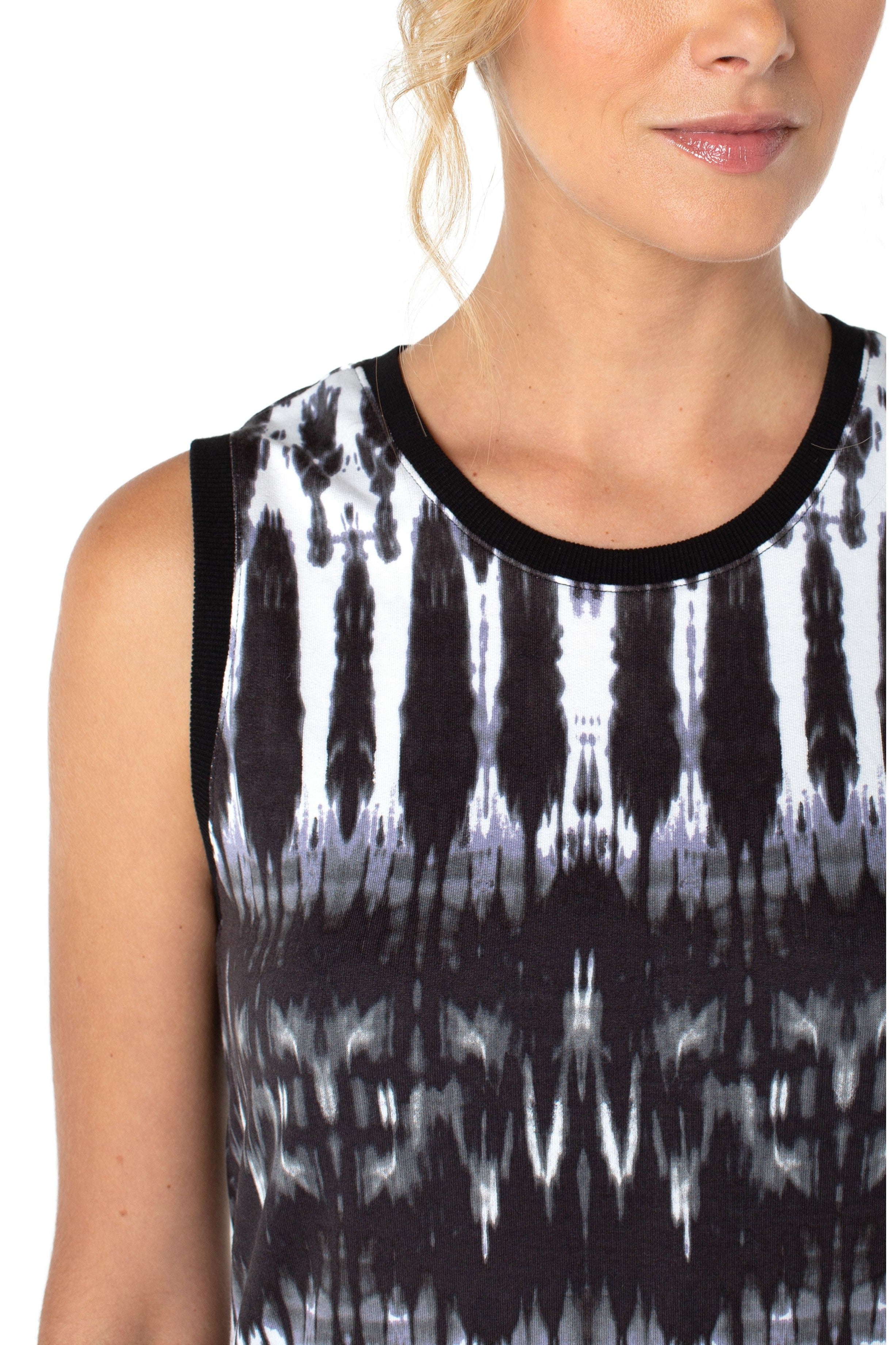 Liverpool Sleeveless Knit Top With Miter Back In Black And White Tie Dye-Tops-Liverpool-Deja Nu Boutique, Women's Fashion Boutique in Lampasas, Texas
