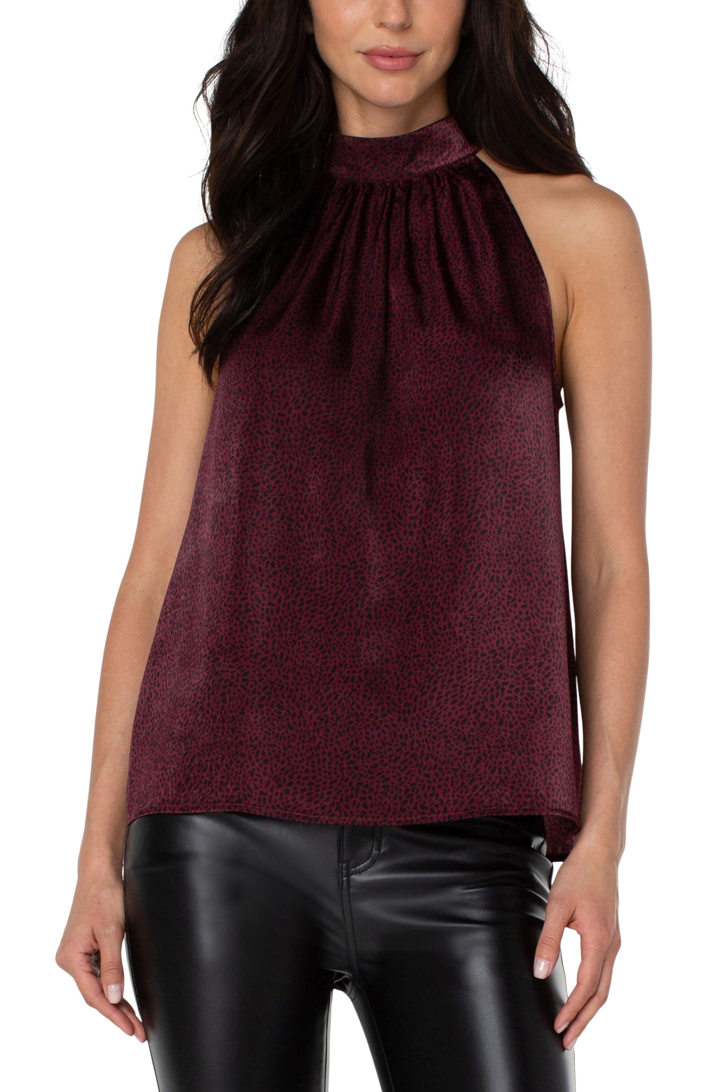 Liverpool Sleeveless Mock Neck Halter Top In Burgundy Leopard Print-Camis/Tanks-Liverpool-Deja Nu Boutique, Women's Fashion Boutique in Lampasas, Texas