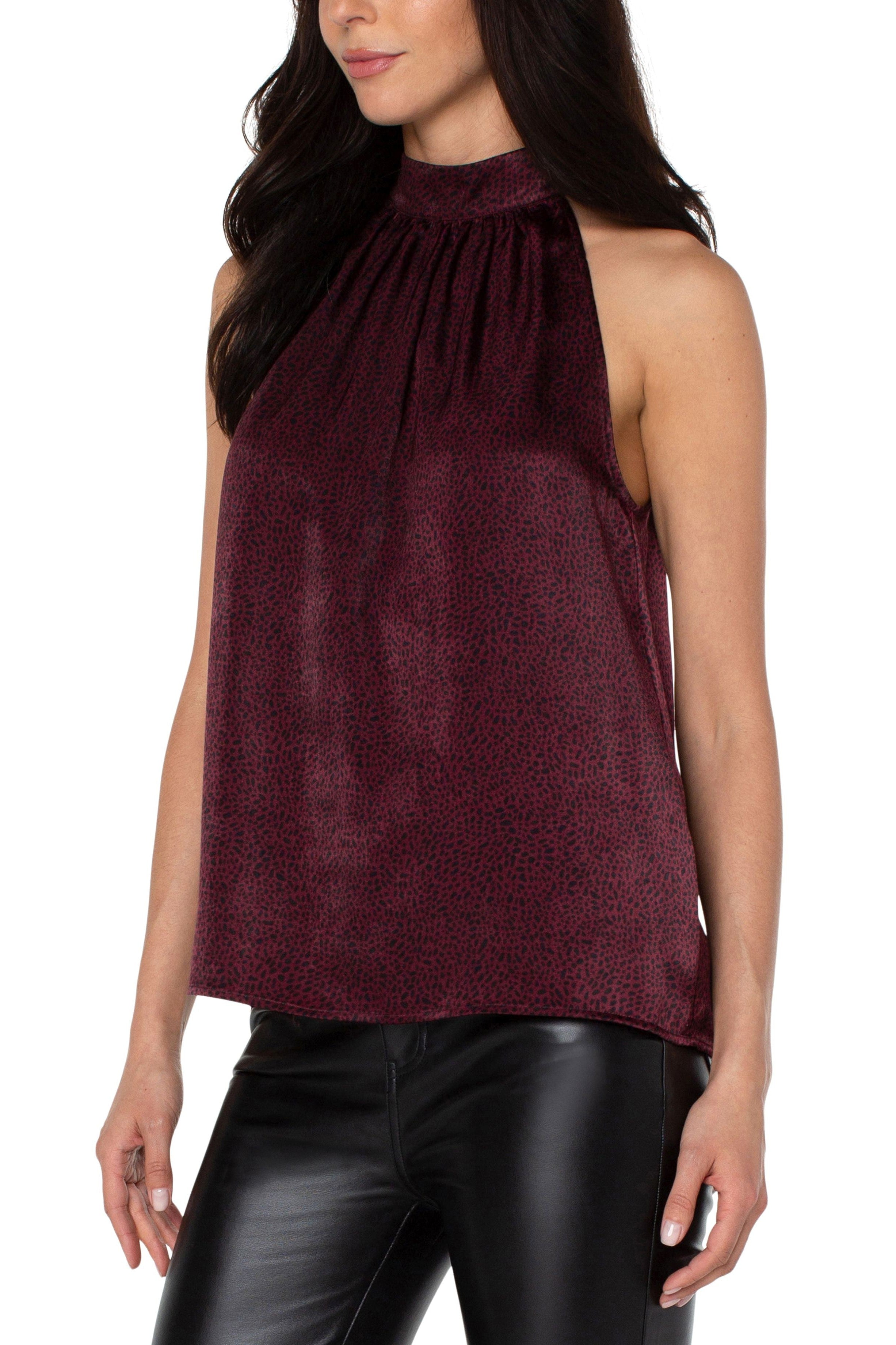 Liverpool Sleeveless Mock Neck Halter Top In Burgundy Leopard Print-Camis/Tanks-Liverpool-Deja Nu Boutique, Women's Fashion Boutique in Lampasas, Texas