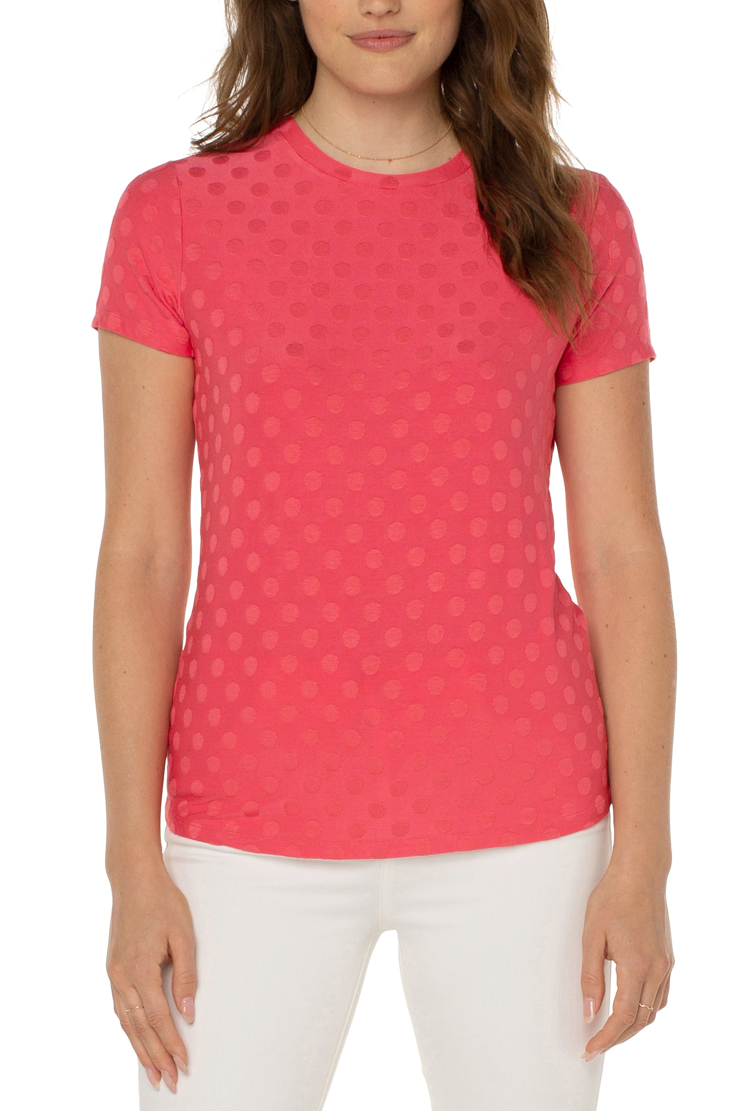 Liverpool Slim Fit Crew Neck Knit Tee In Watermelon Sugar-Short Sleeves-Liverpool-Deja Nu Boutique, Women's Fashion Boutique in Lampasas, Texas