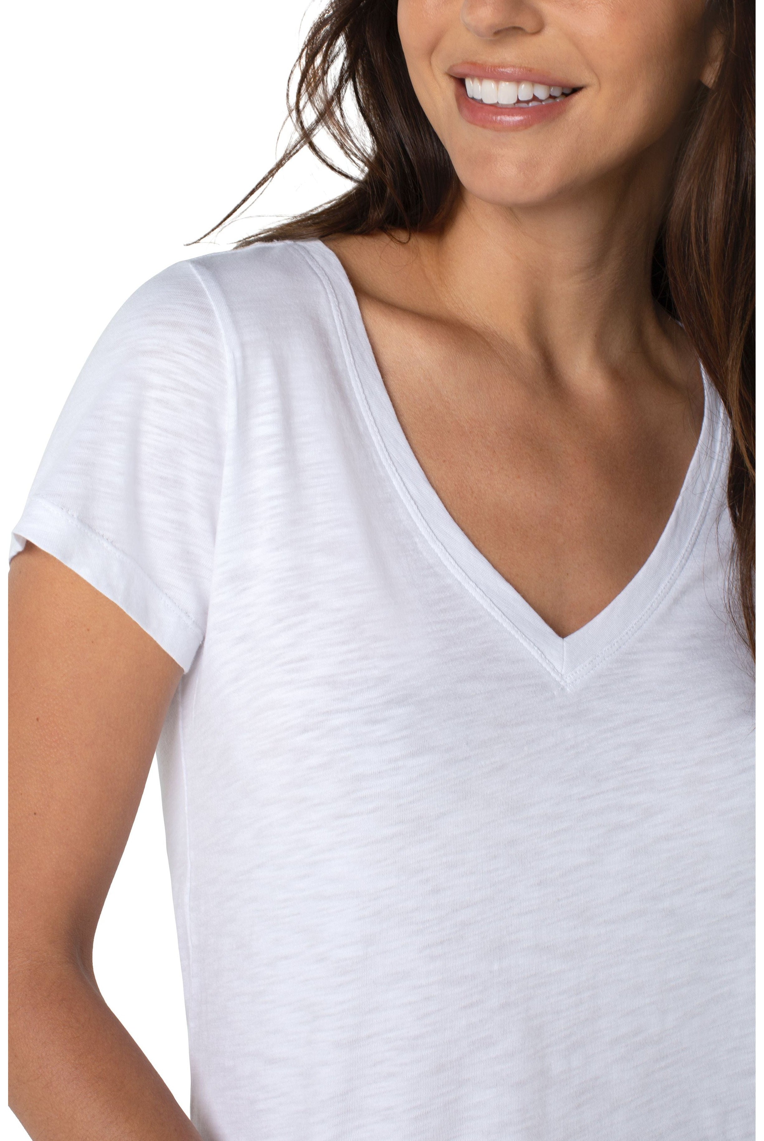 Liverpool Slim Fit V Neckline Slub Knit Tee In White-Tops-Liverpool-Deja Nu Boutique, Women's Fashion Boutique in Lampasas, Texas