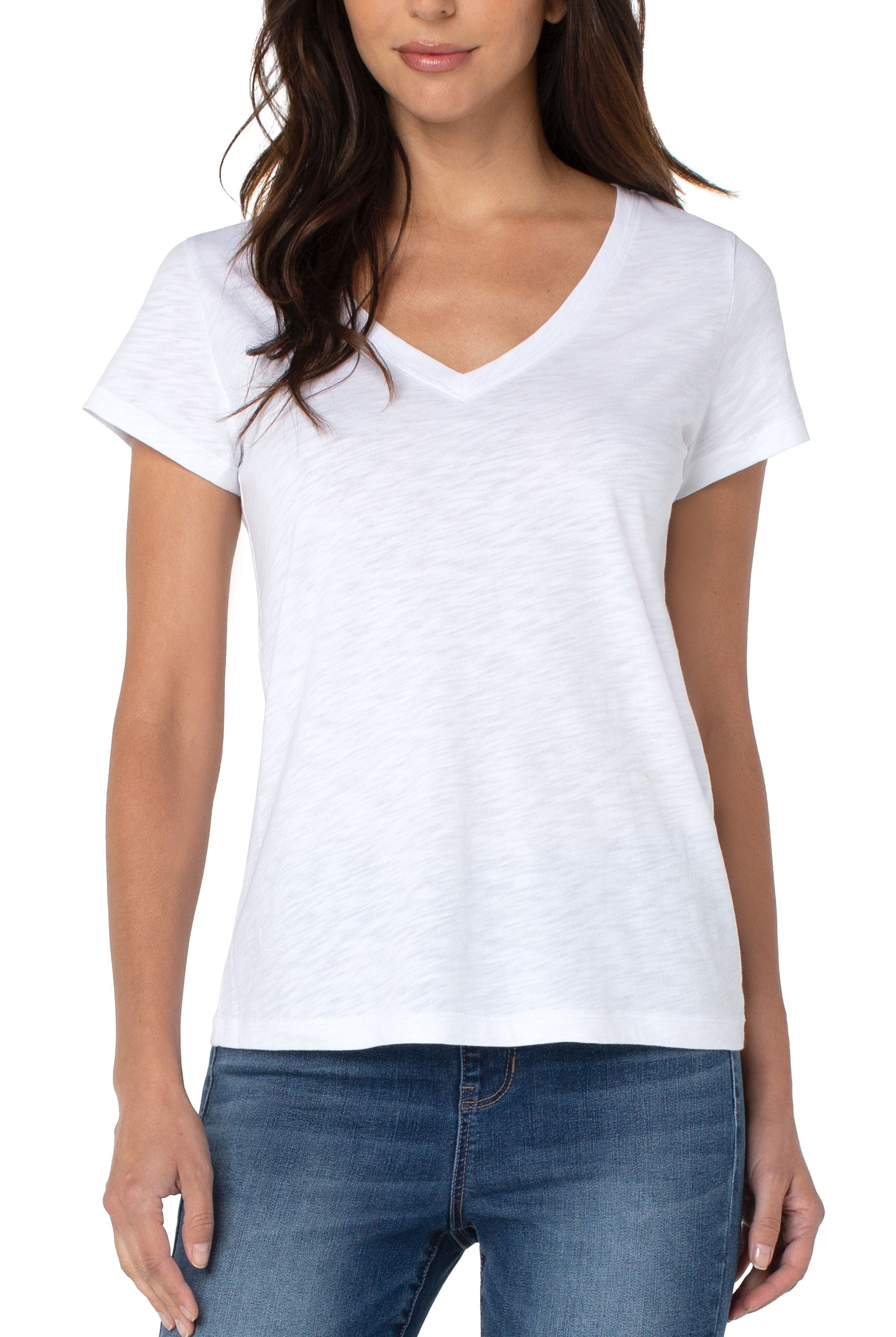 Liverpool Slim Fit V Neckline Slub Knit Tee In White-Tops-Liverpool-Deja Nu Boutique, Women's Fashion Boutique in Lampasas, Texas