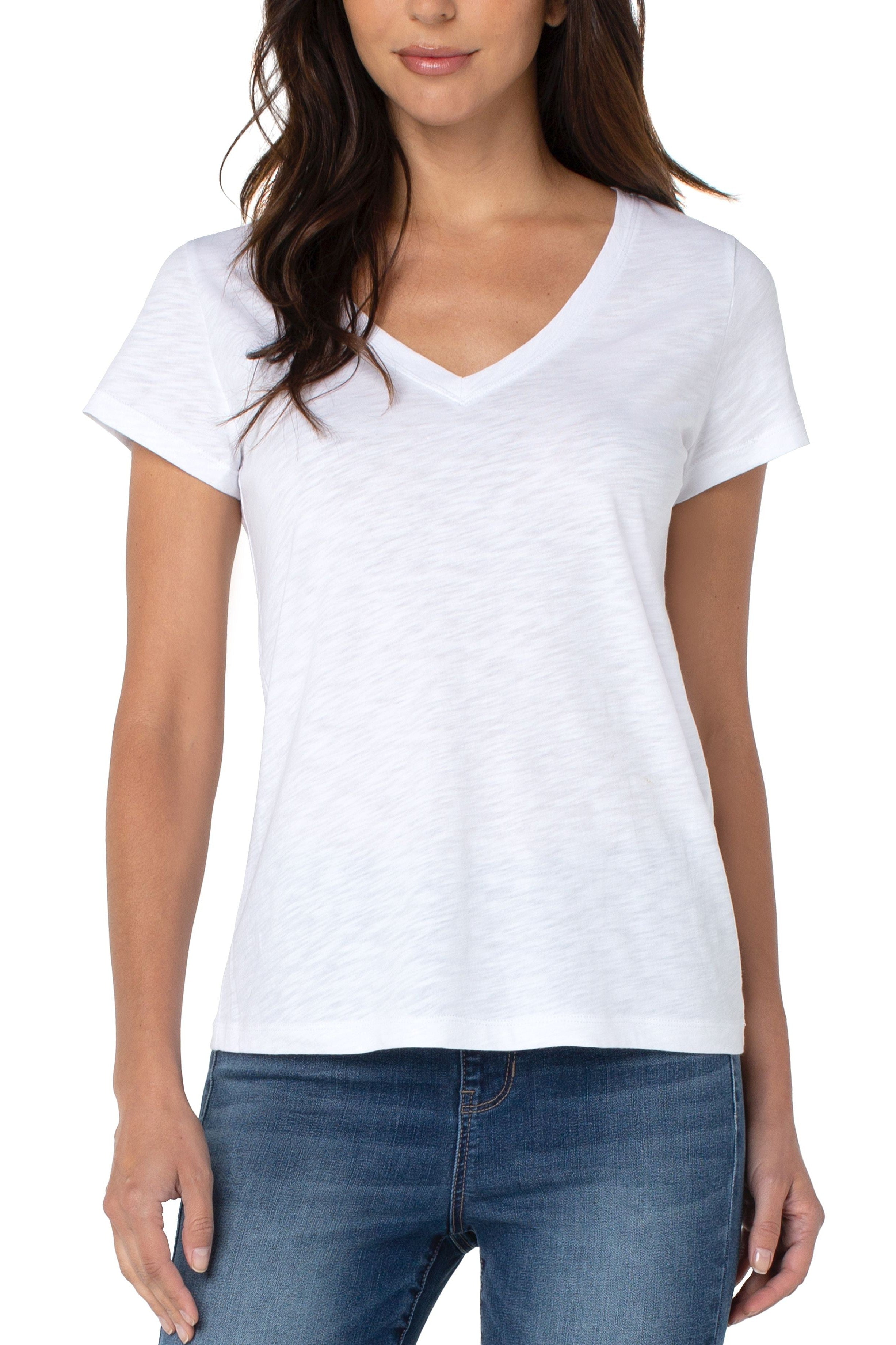 Liverpool Slim Fit V Neckline Slub Knit Tee In White-Tops-Liverpool-Deja Nu Boutique, Women's Fashion Boutique in Lampasas, Texas