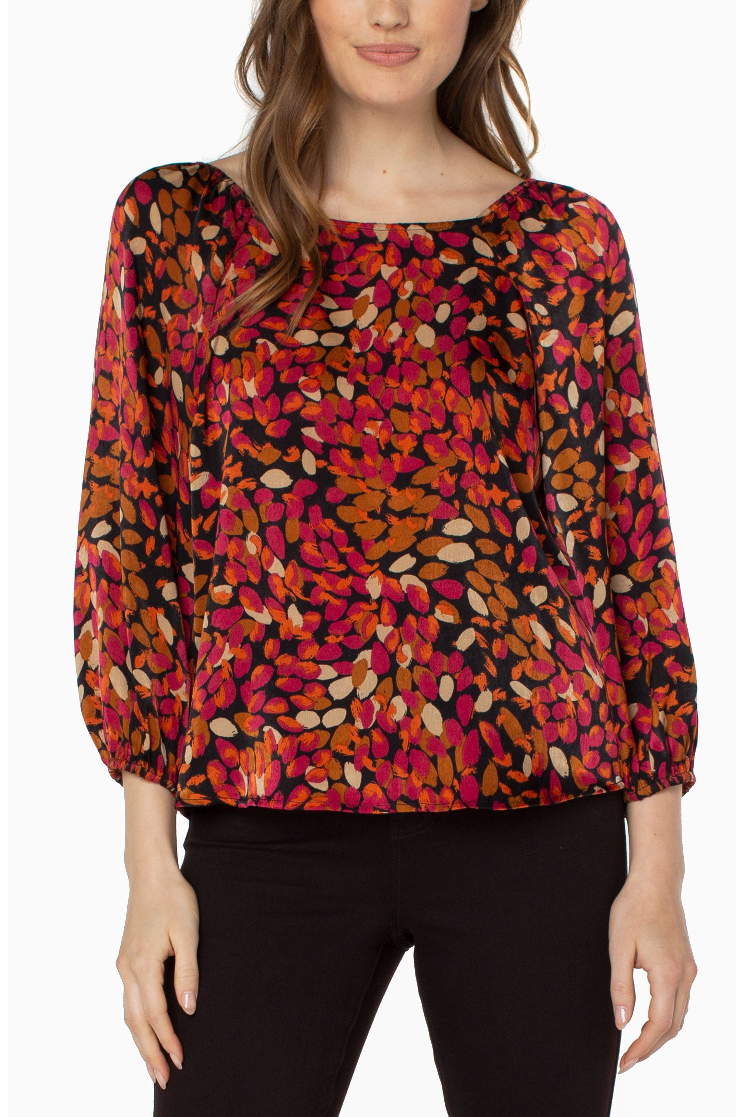 Liverpool Three Fourth Puff Sleeve Square Neck Woven Top In Autumn Petals-Tops-Liverpool-Deja Nu Boutique, Women's Fashion Boutique in Lampasas, Texas