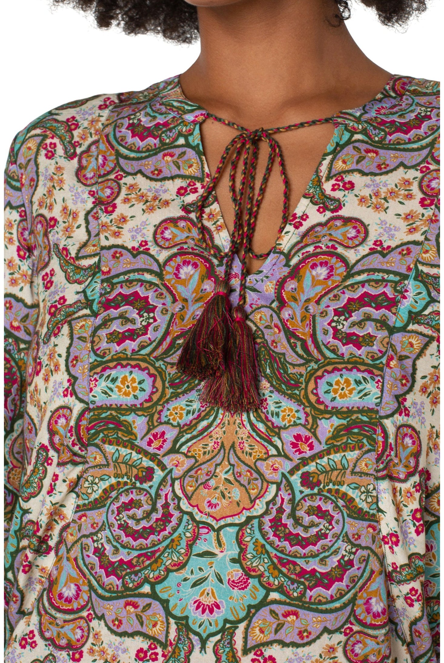Liverpool Tie Front Popover With Full Sleeve In Scrolling Paisley Print-Long Sleeves-Liverpool-Deja Nu Boutique, Women's Fashion Boutique in Lampasas, Texas