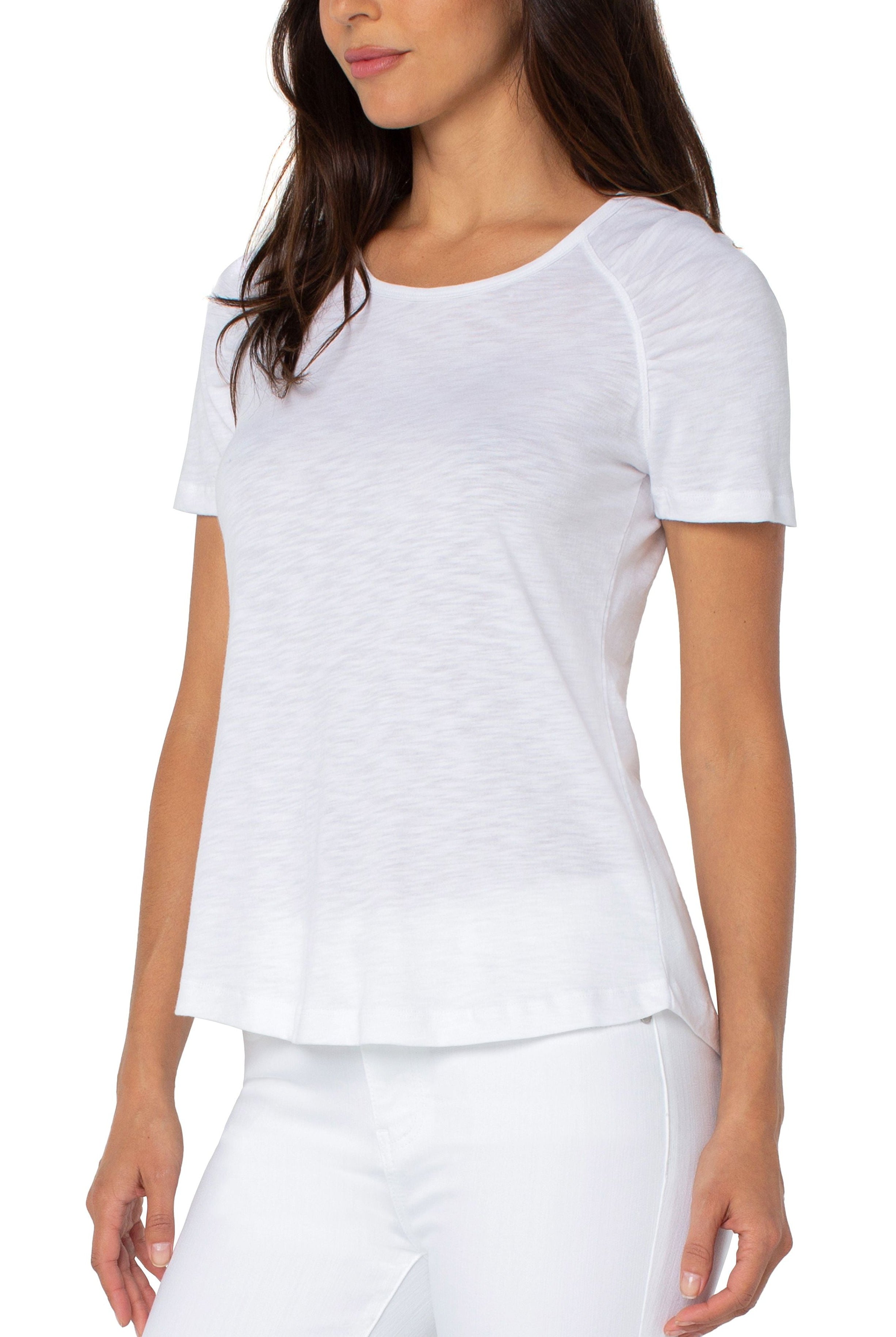 Liverpool White Short Sleeve Shirred Raglan Shoulder Slub Knit Tee-Tops-Liverpool-Deja Nu Boutique, Women's Fashion Boutique in Lampasas, Texas