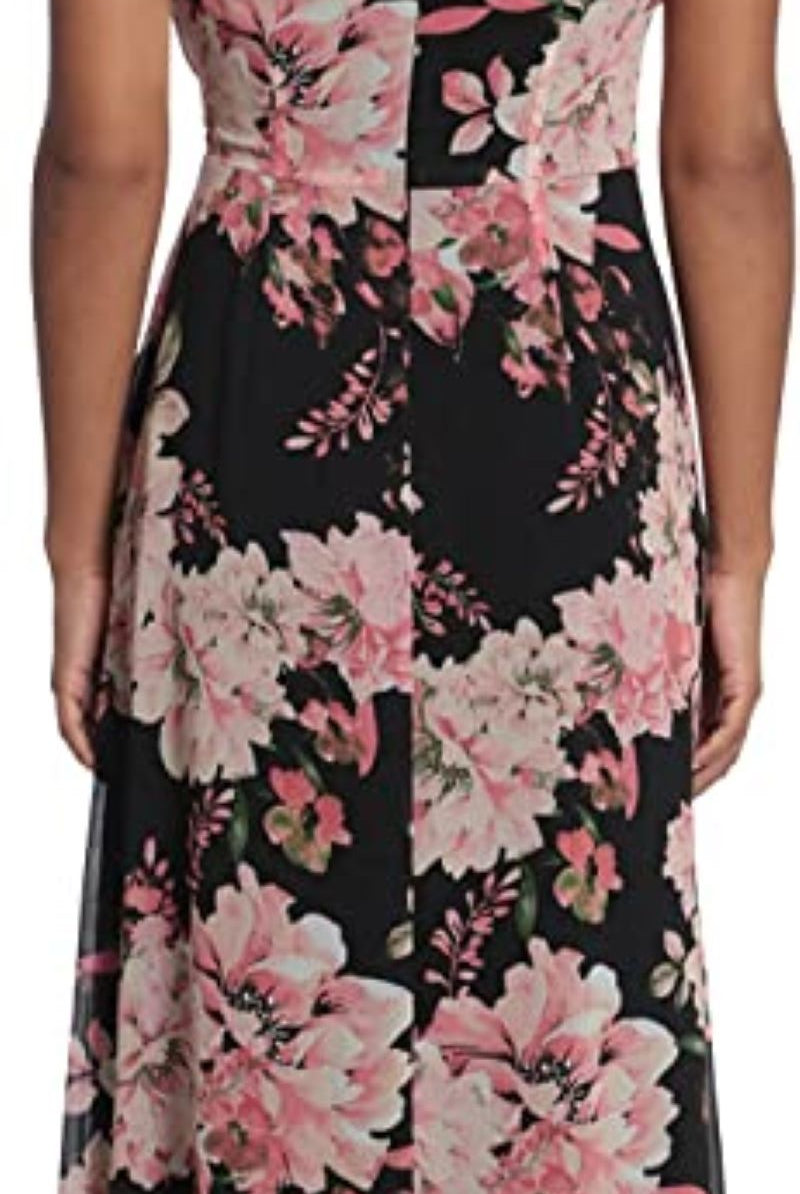 London Times Floral Ruffled Chiffon Maxi Dress In Black And Blush-Maxi Dresses-London Times-Deja Nu Boutique, Women's Fashion Boutique in Lampasas, Texas