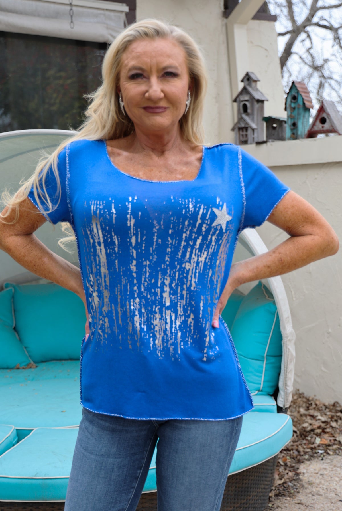 Look Mode Silver Waterfall and Star T-Shirt In Royal Blue-Tops-Look Mode-Deja Nu Boutique, Women's Fashion Boutique in Lampasas, Texas