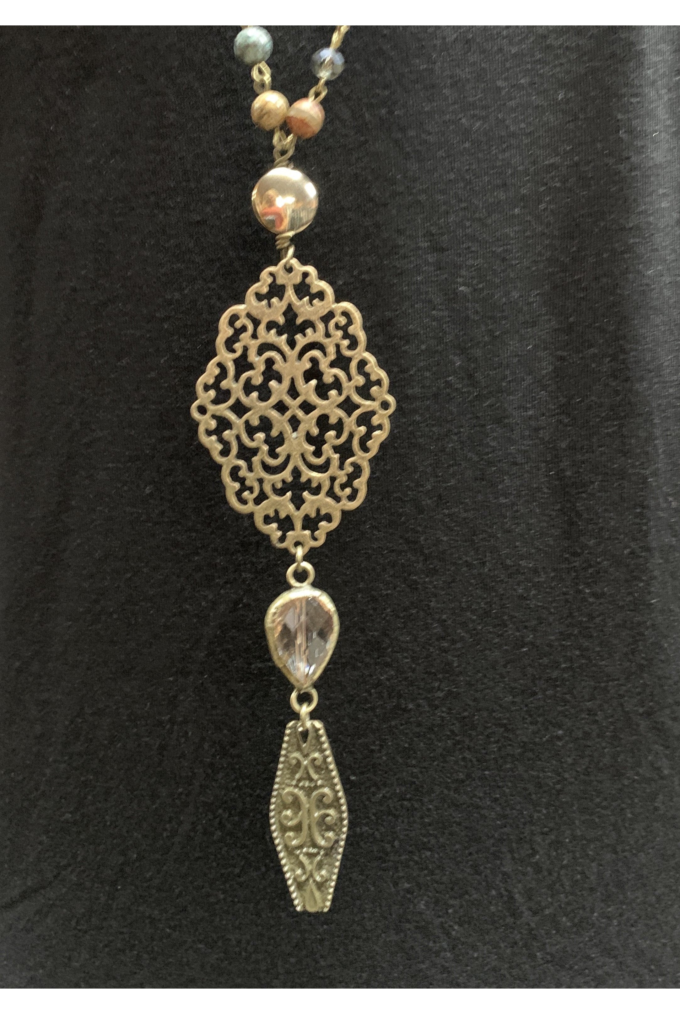 Lost And Found Bead And Crystal Long Necklace With Filigree Charm And Crystal Dangle-Necklaces-Lost And Found-Deja Nu Boutique, Women's Fashion Boutique in Lampasas, Texas