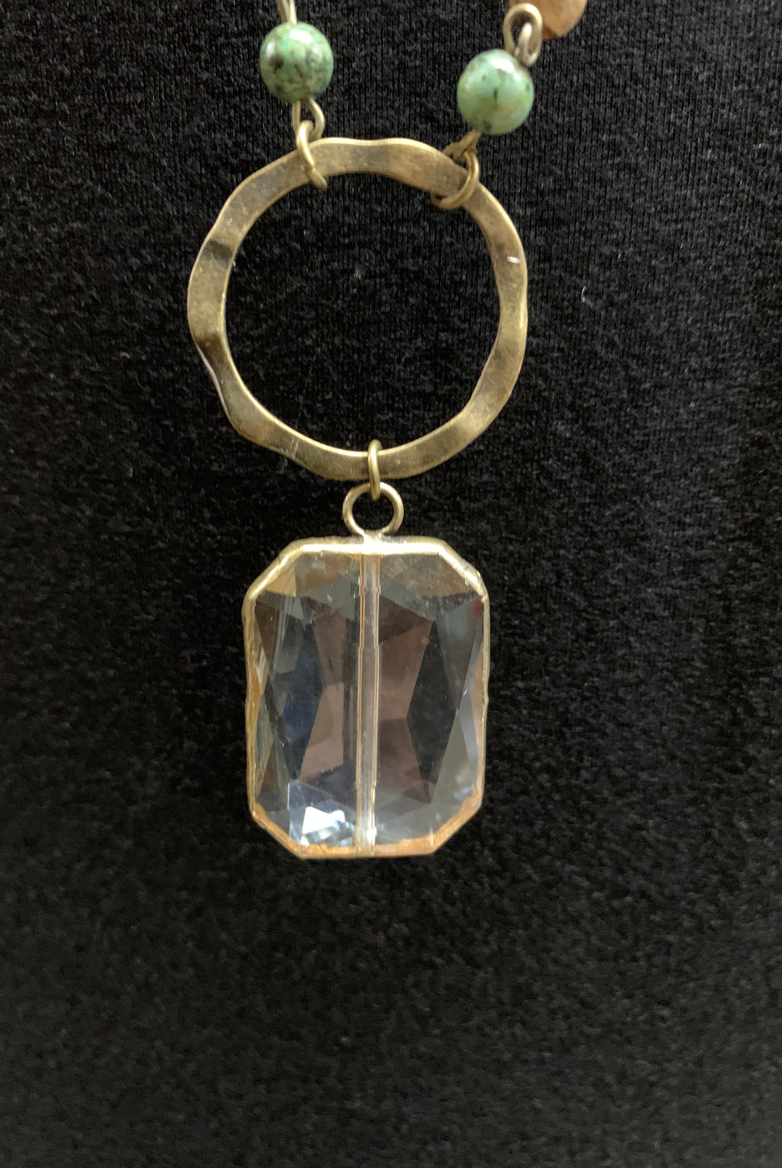 Lost And Found Chain And Colored Bead Long Necklace With Bronze Circle And Large Square Amber Crystal-Necklaces-Lost And Found-Deja Nu Boutique, Women's Fashion Boutique in Lampasas, Texas