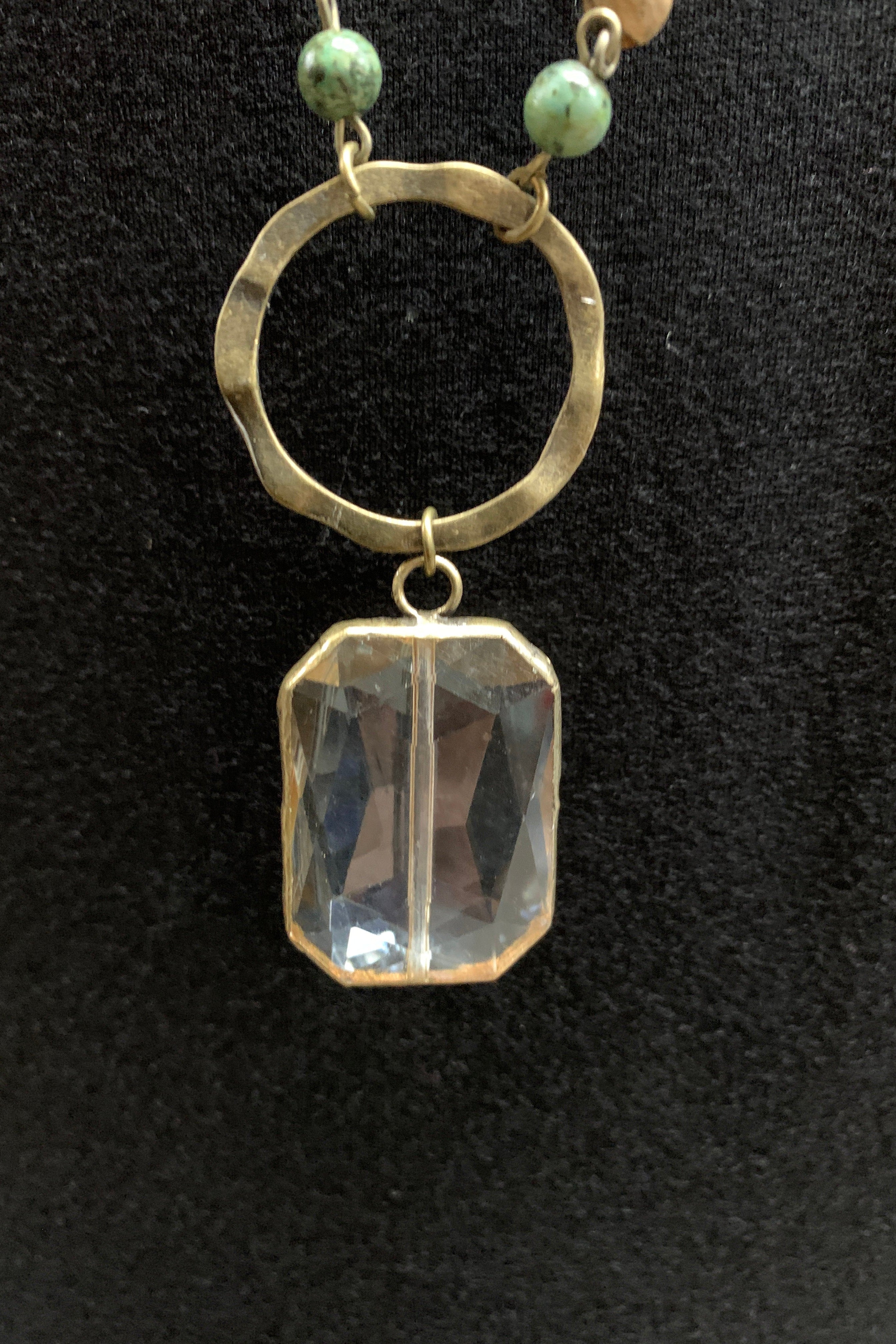 Lost And Found Chain And Colored Bead Long Necklace With Bronze Circle And Large Square Amber Crystal-Necklaces-Lost And Found-Deja Nu Boutique, Women's Fashion Boutique in Lampasas, Texas